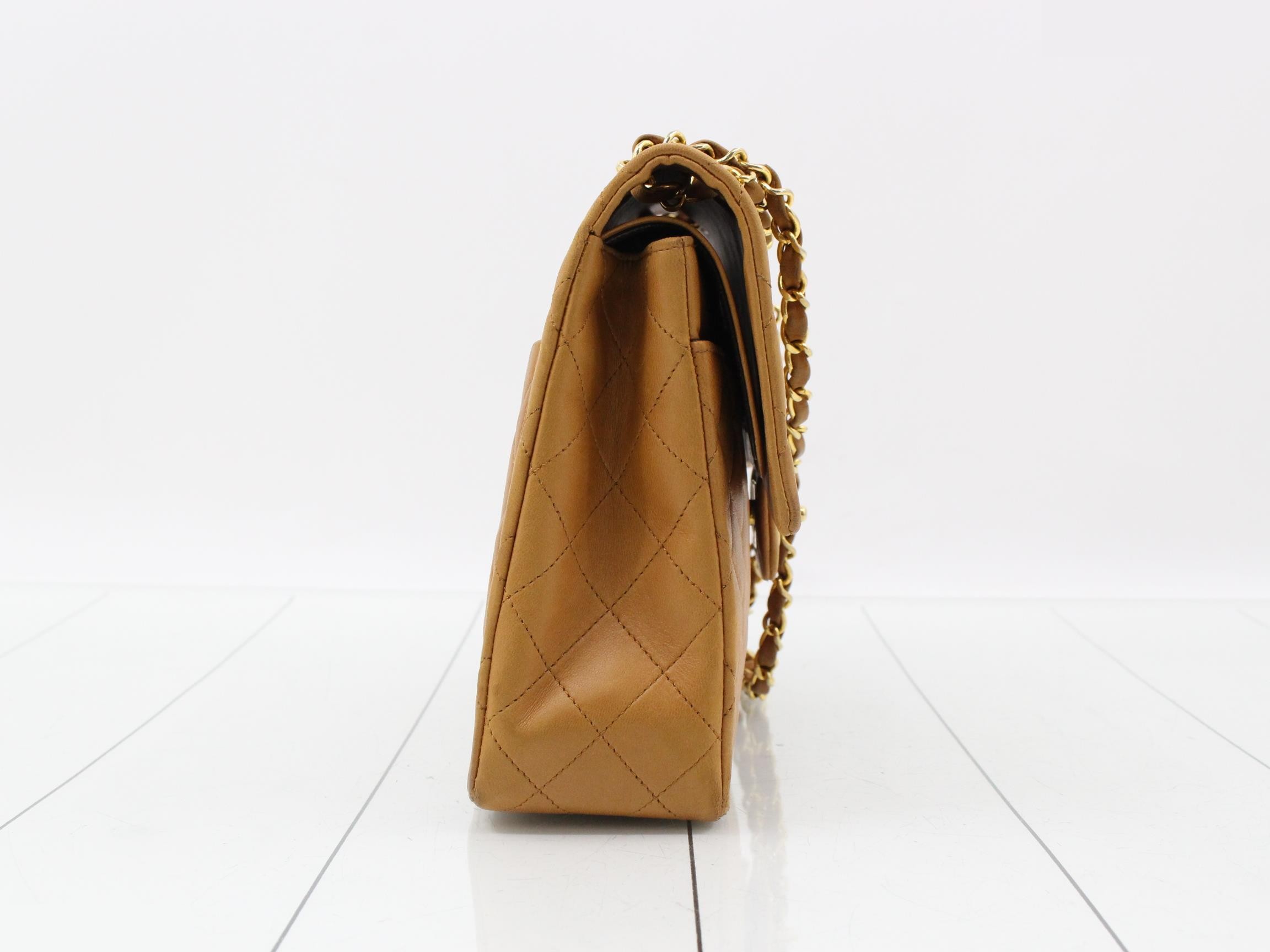 Lambskin Matelassé 25 Double Flap Chain Shoulder Bag, Brown — view 4
