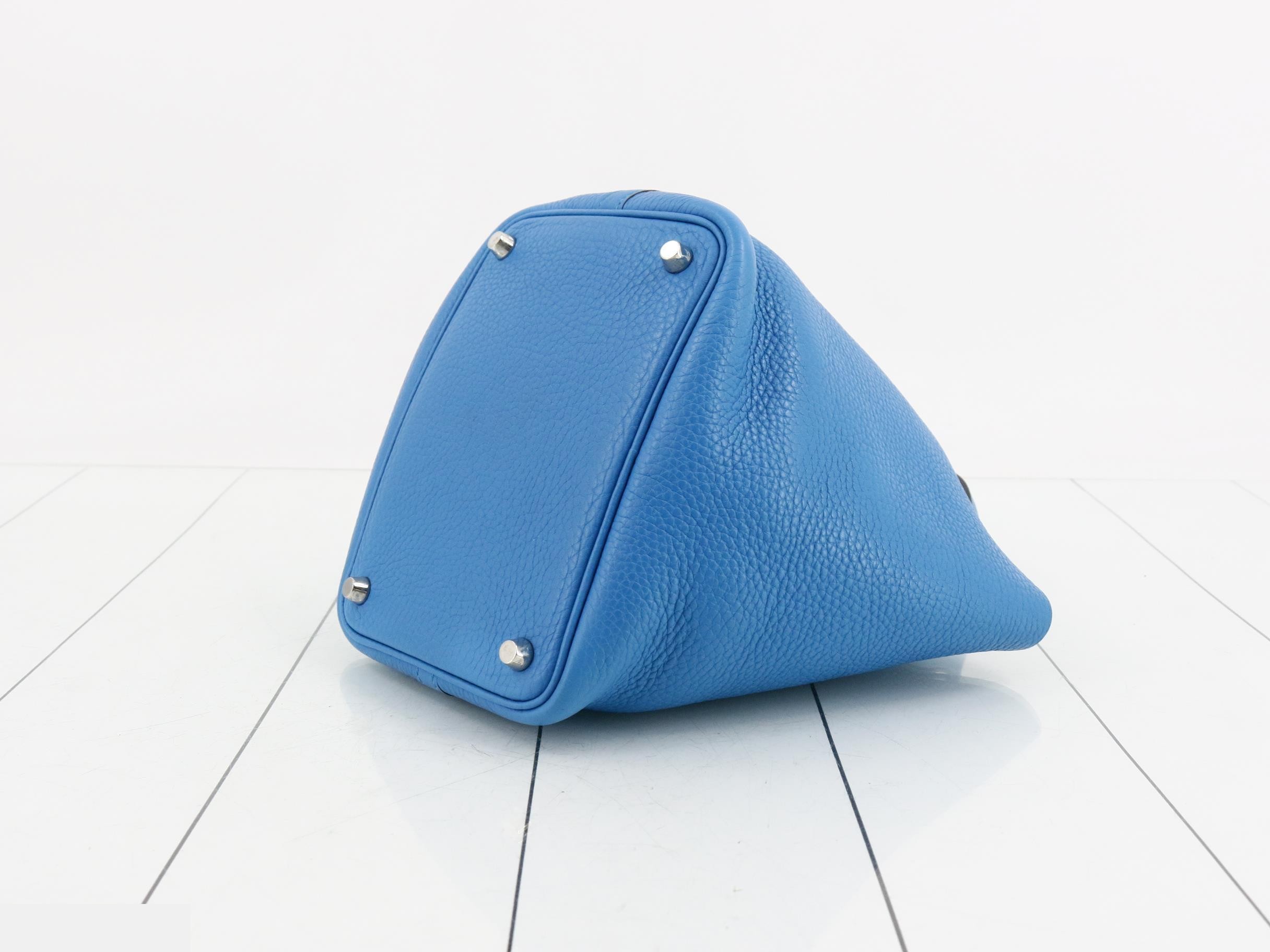 Picotin Lock PM Leather Handbag, A Stamp, Blue — view 6