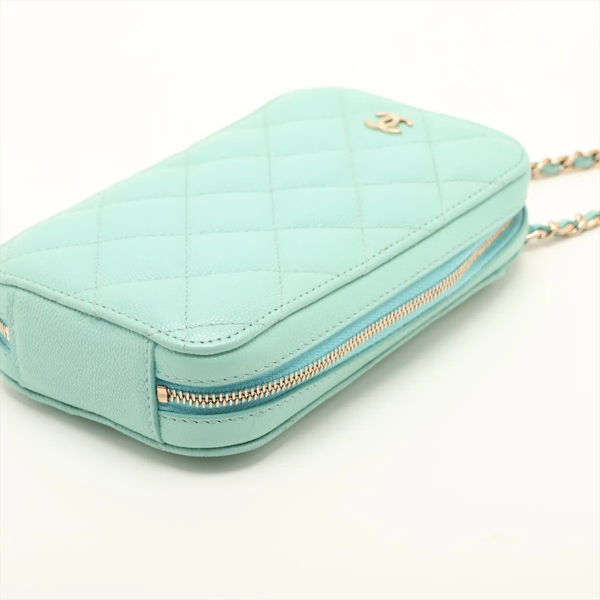 Matelassé Caviar Skin Chain Shoulder Bag, Blue with Gold Hardware, 27154573, Serial Number 27 — view 3