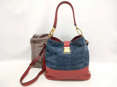 denim x leather handbag, red shoulder bag.