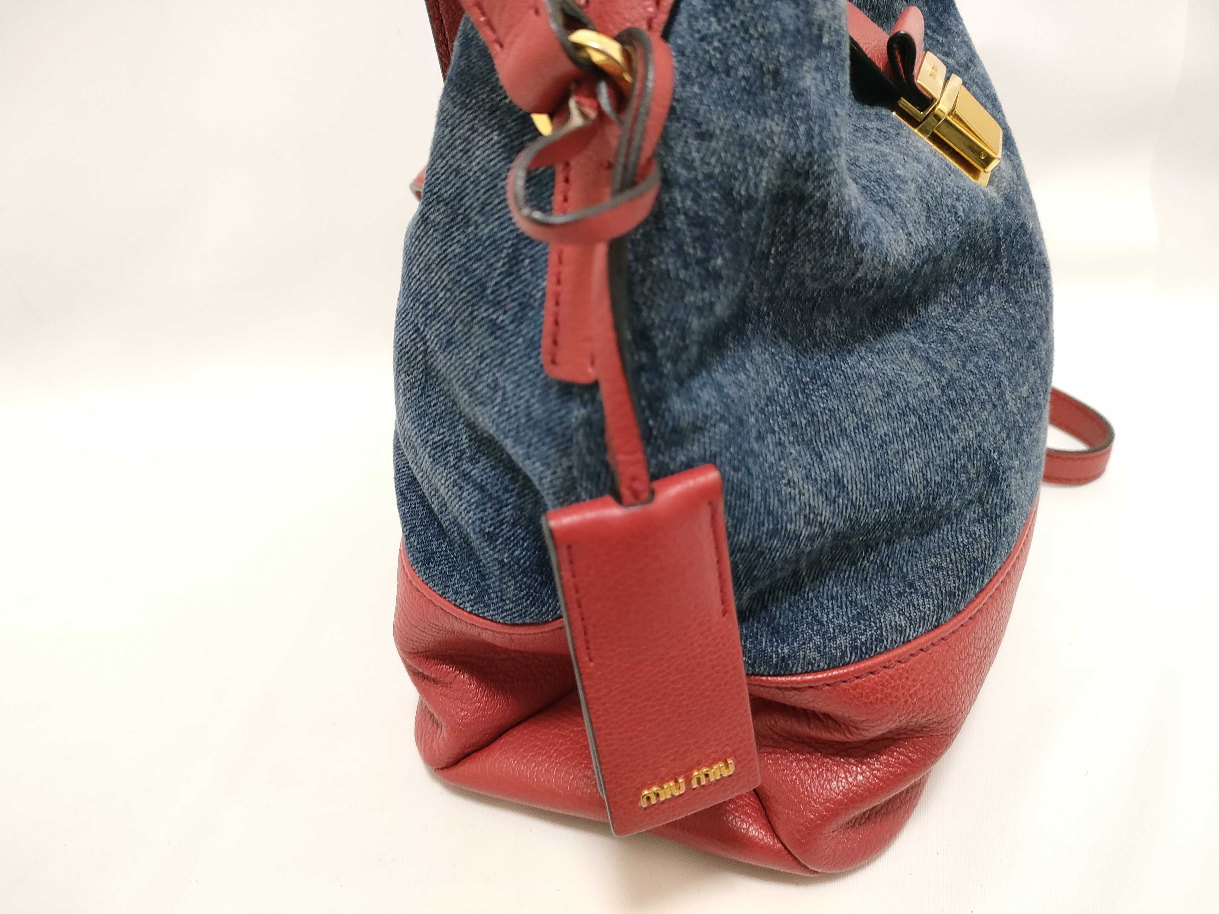 denim x leather handbag, red shoulder bag. — view 14