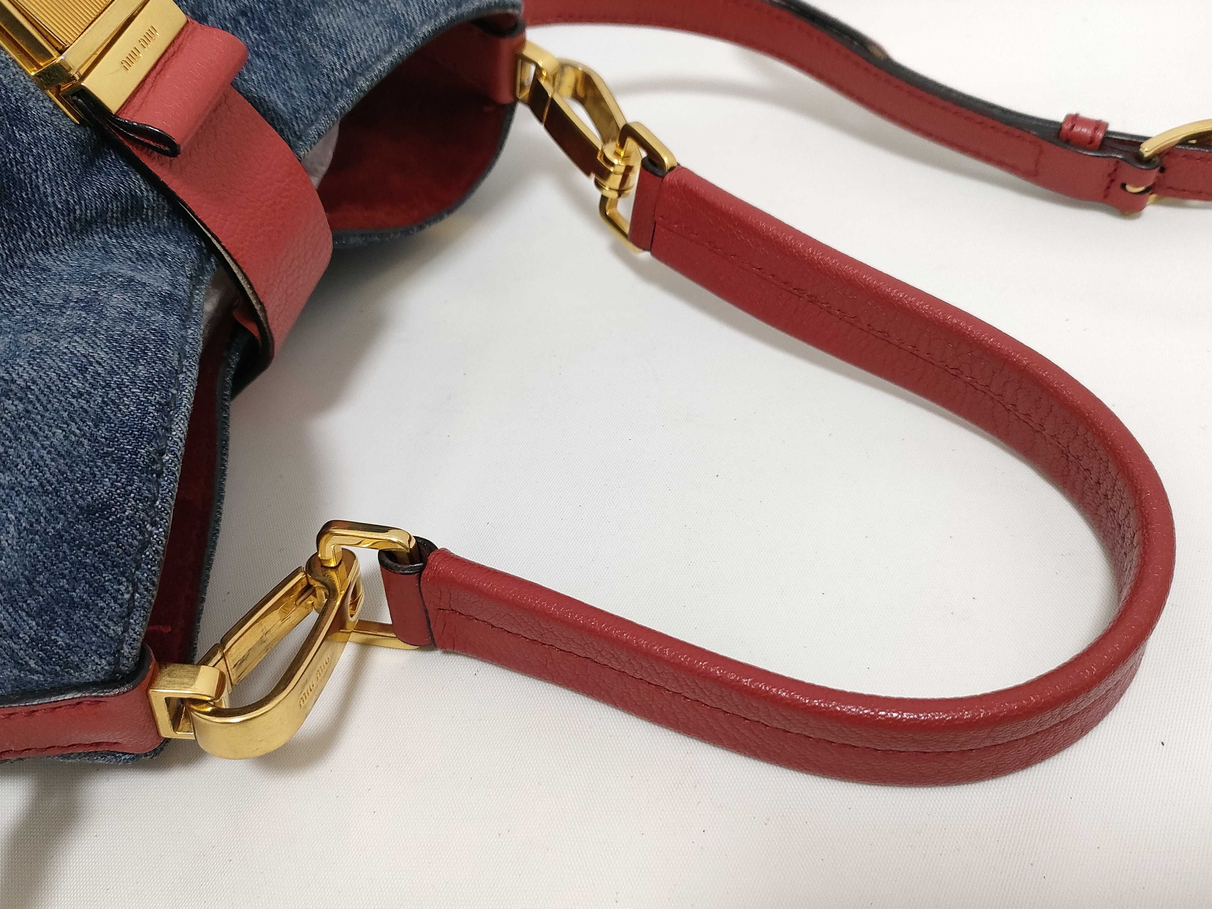 denim x leather handbag, red shoulder bag. — view 3