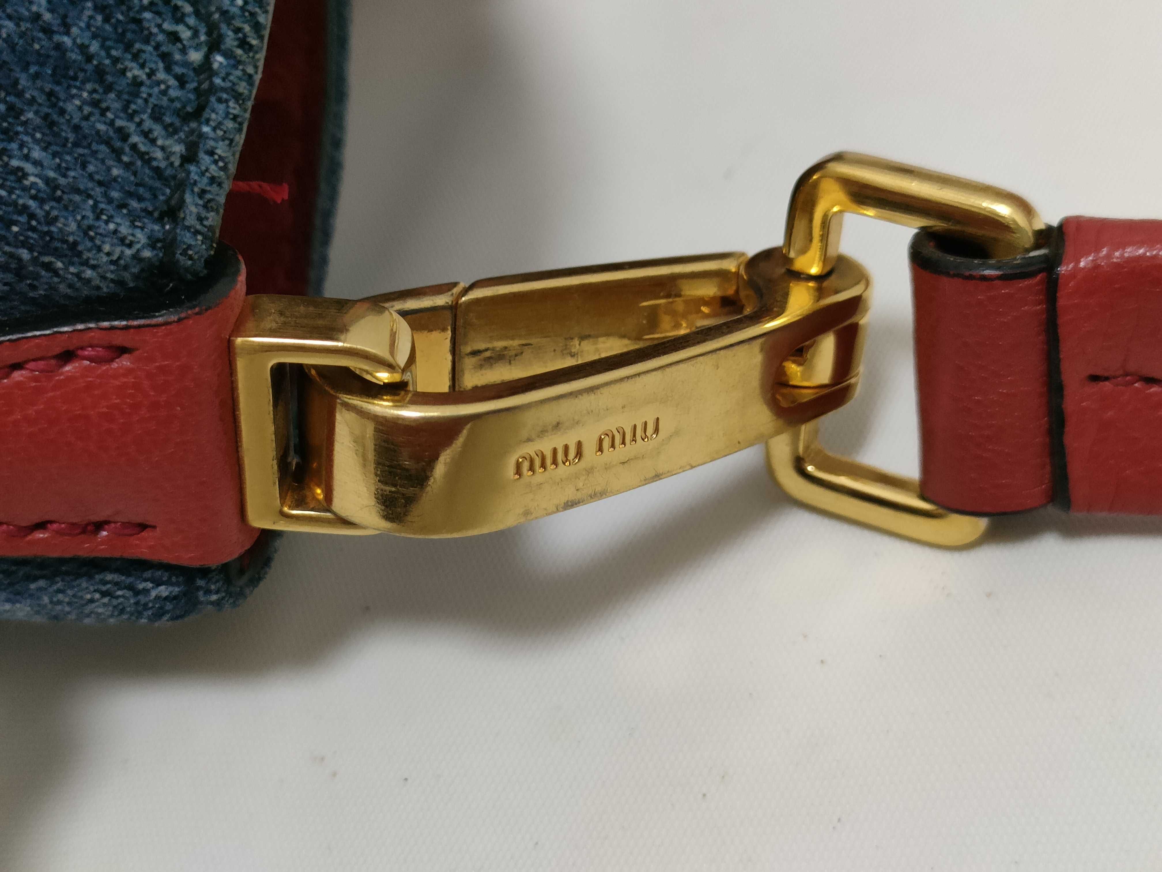 denim x leather handbag, red shoulder bag. — view 5
