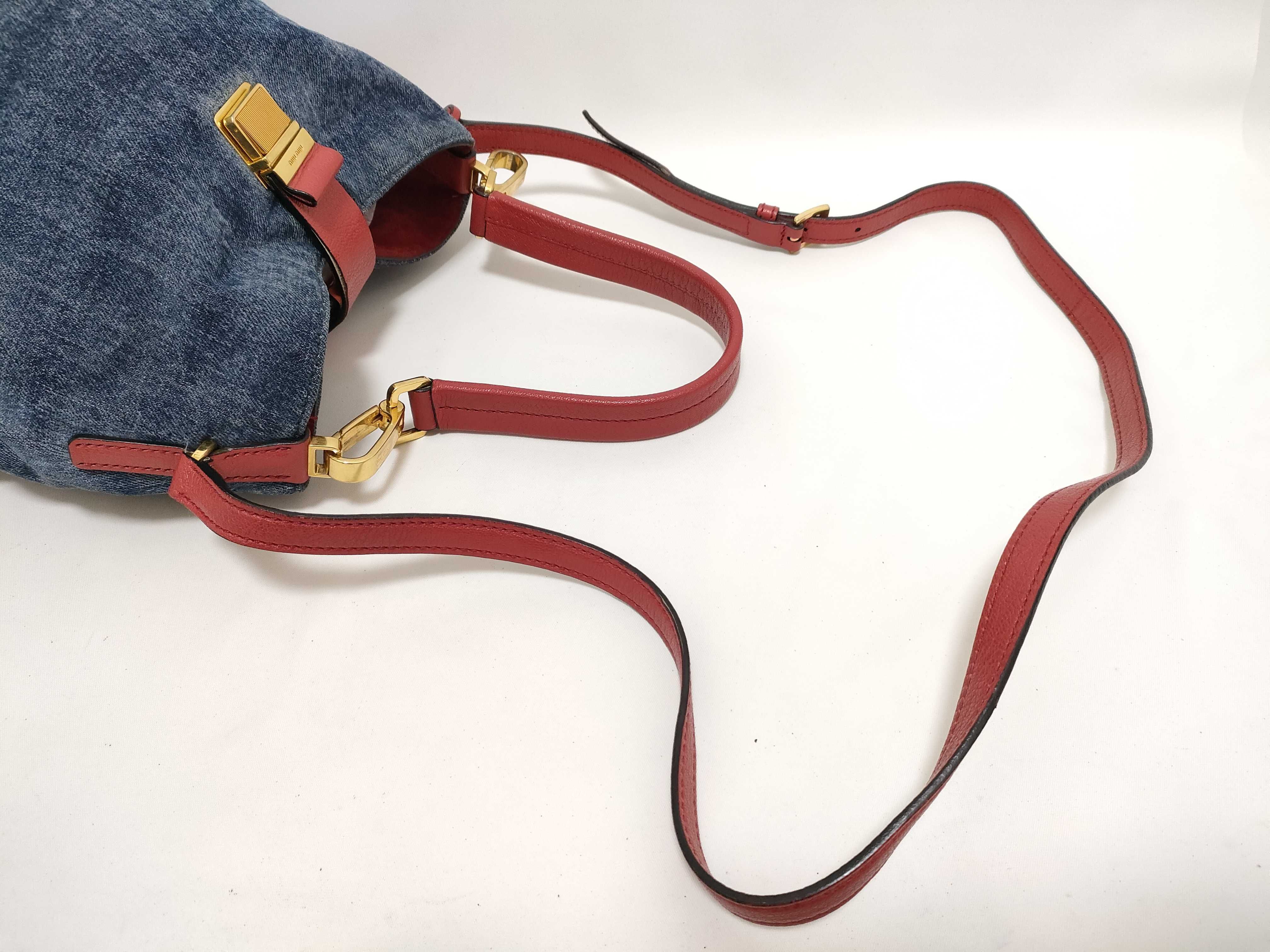 denim x leather handbag, red shoulder bag. — view 6