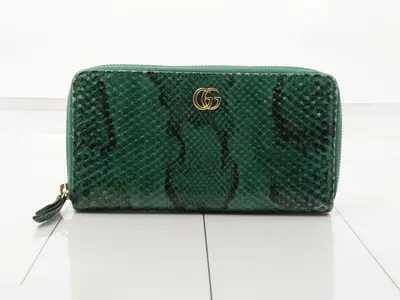 GG Marmont Round Zipper Long Wallet, Green Python