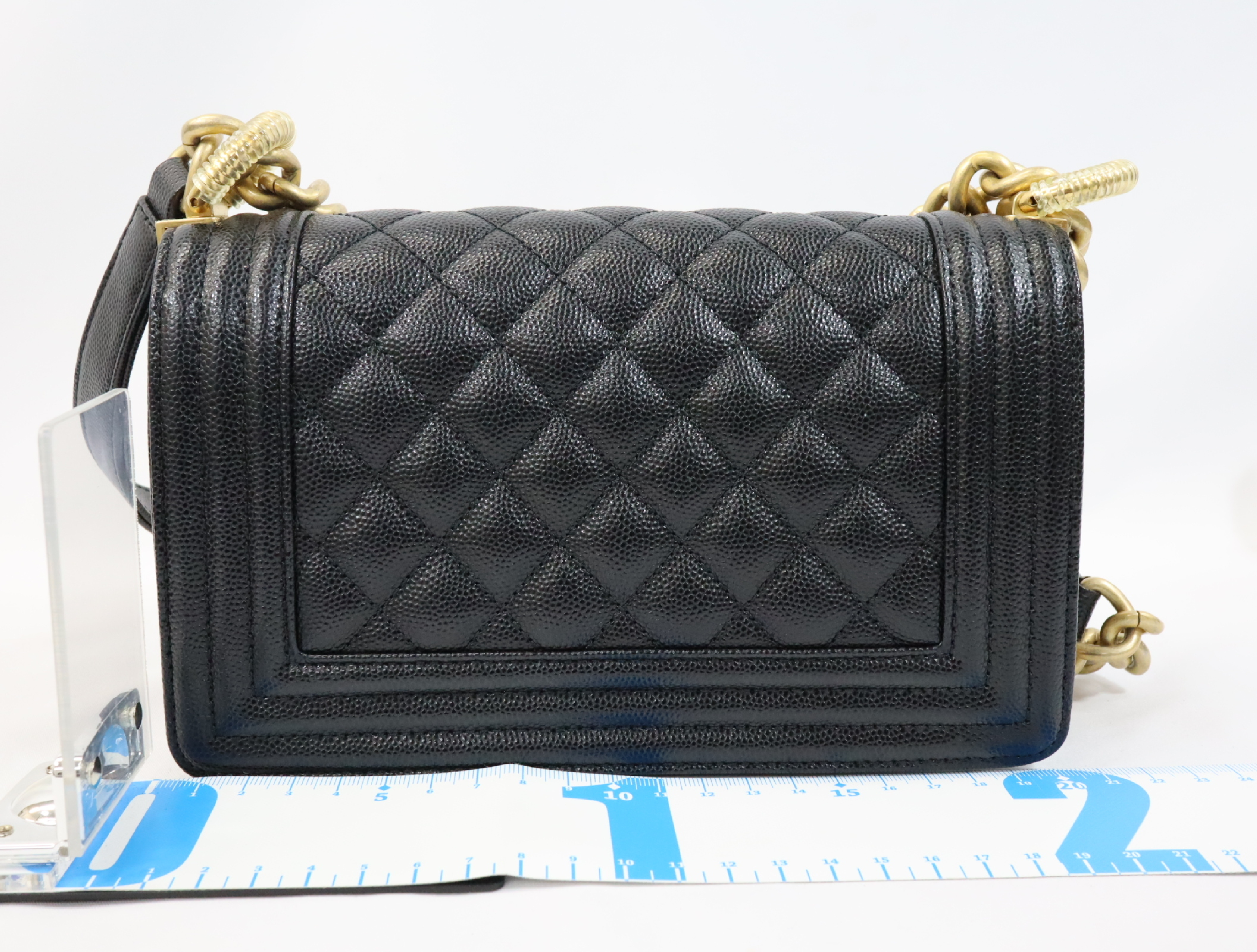Boy Chanel 20 Small Caviar Skin Chain Shoulder Bag, Black with Gold Hardware and Random Plate Design (A67085) — view 2