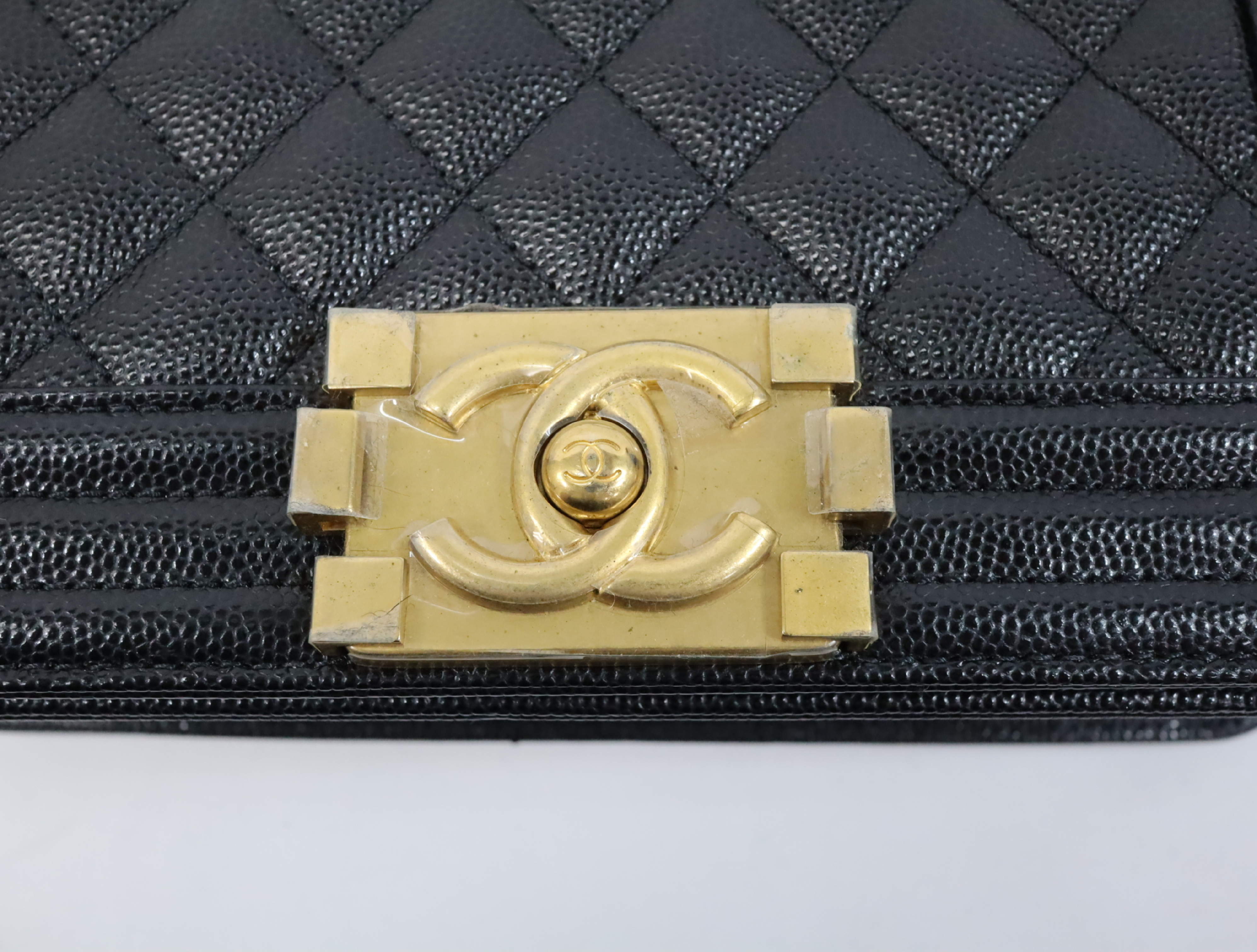 Boy Chanel 20 Small Caviar Skin Chain Shoulder Bag, Black with Gold Hardware and Random Plate Design (A67085) — view 11