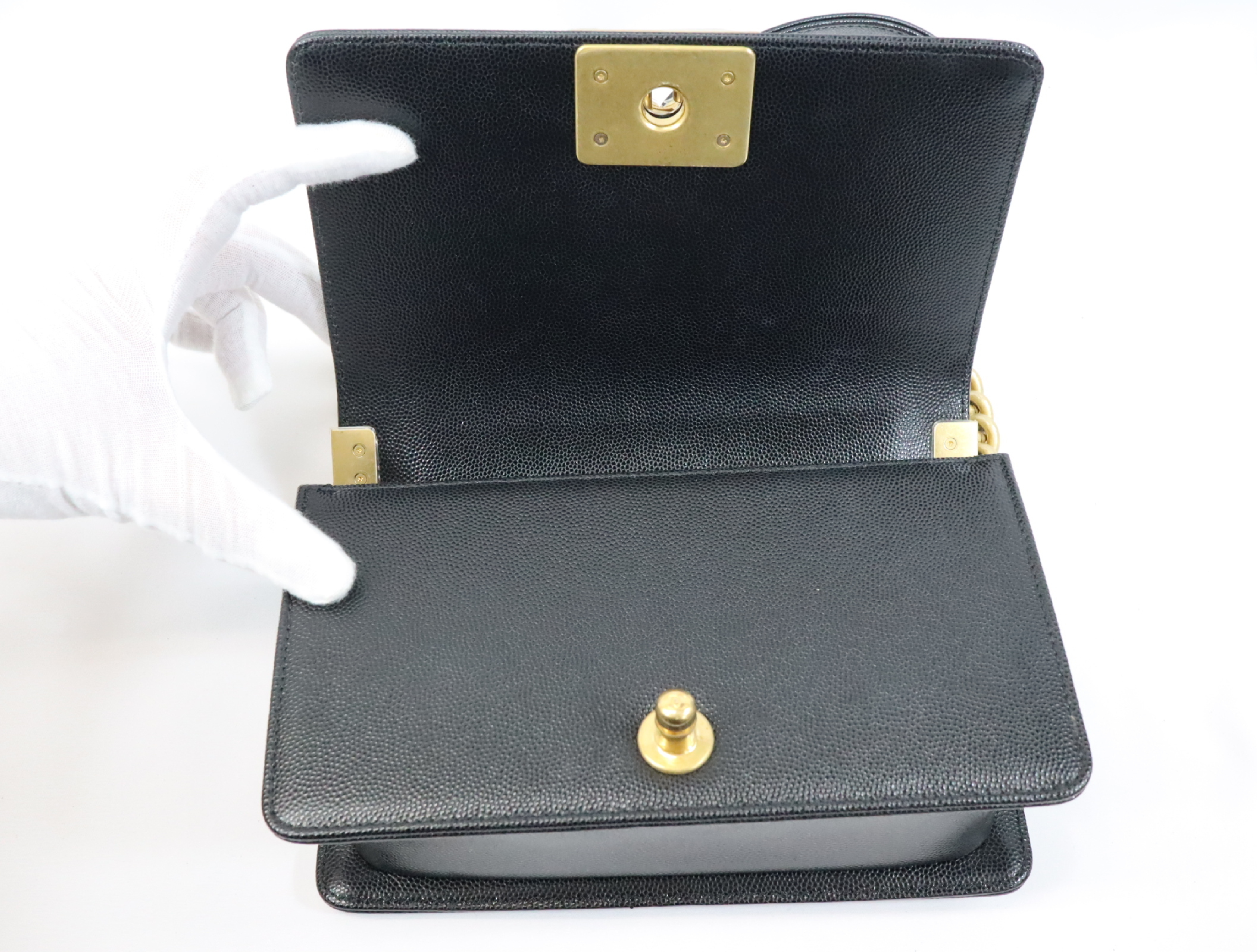 Boy Chanel 20 Small Caviar Skin Chain Shoulder Bag, Black with Gold Hardware and Random Plate Design (A67085) — view 12