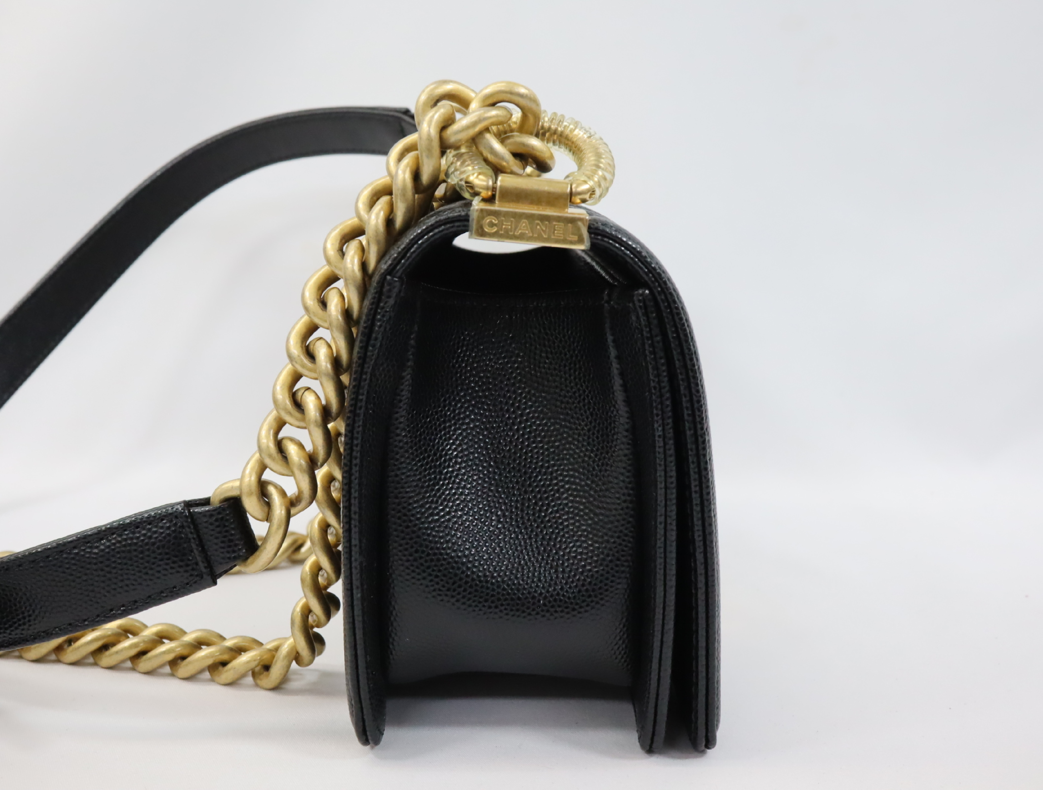 Boy Chanel 20 Small Caviar Skin Chain Shoulder Bag, Black with Gold Hardware and Random Plate Design (A67085) — view 3