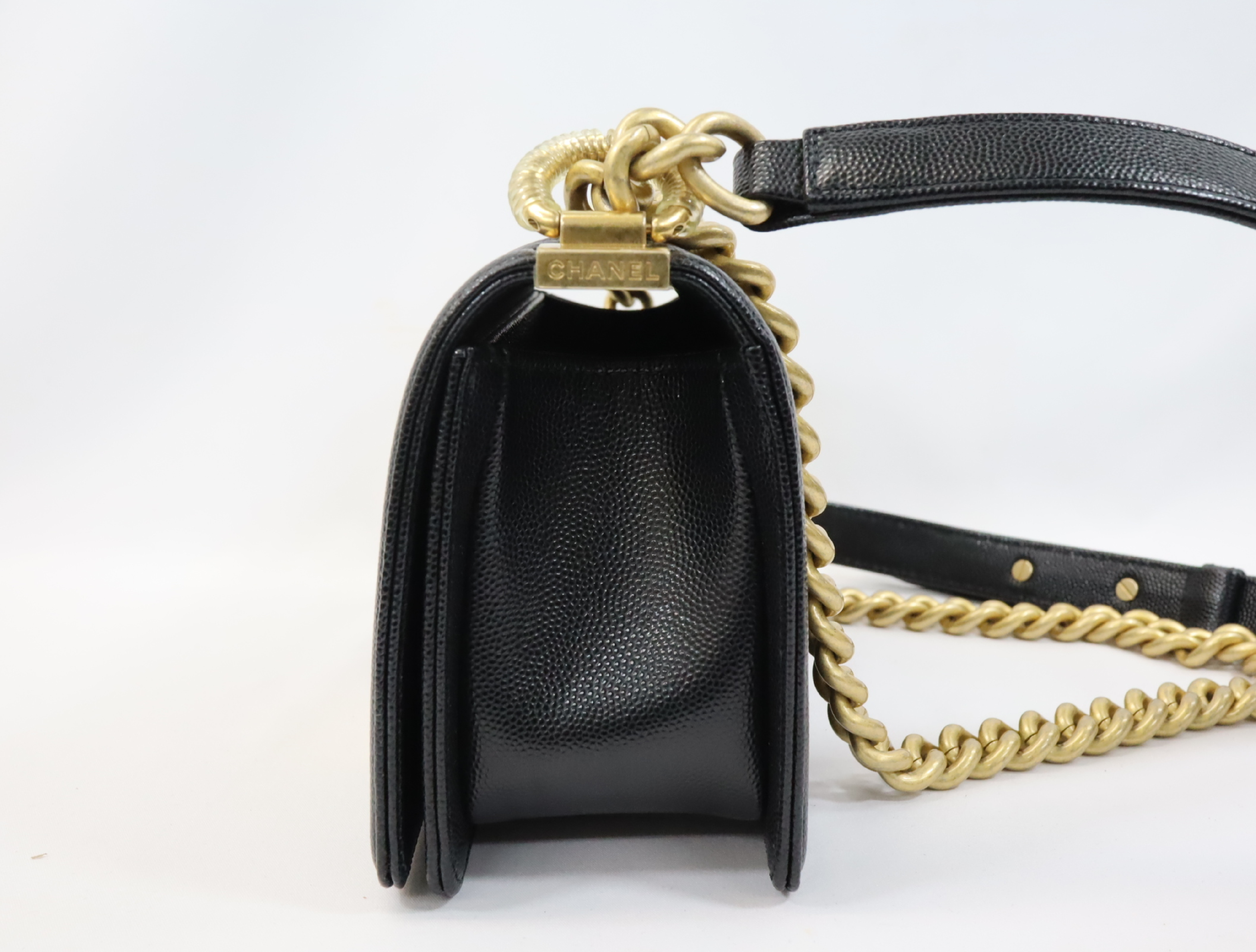 Boy Chanel 20 Small Caviar Skin Chain Shoulder Bag, Black with Gold Hardware and Random Plate Design (A67085) — view 4