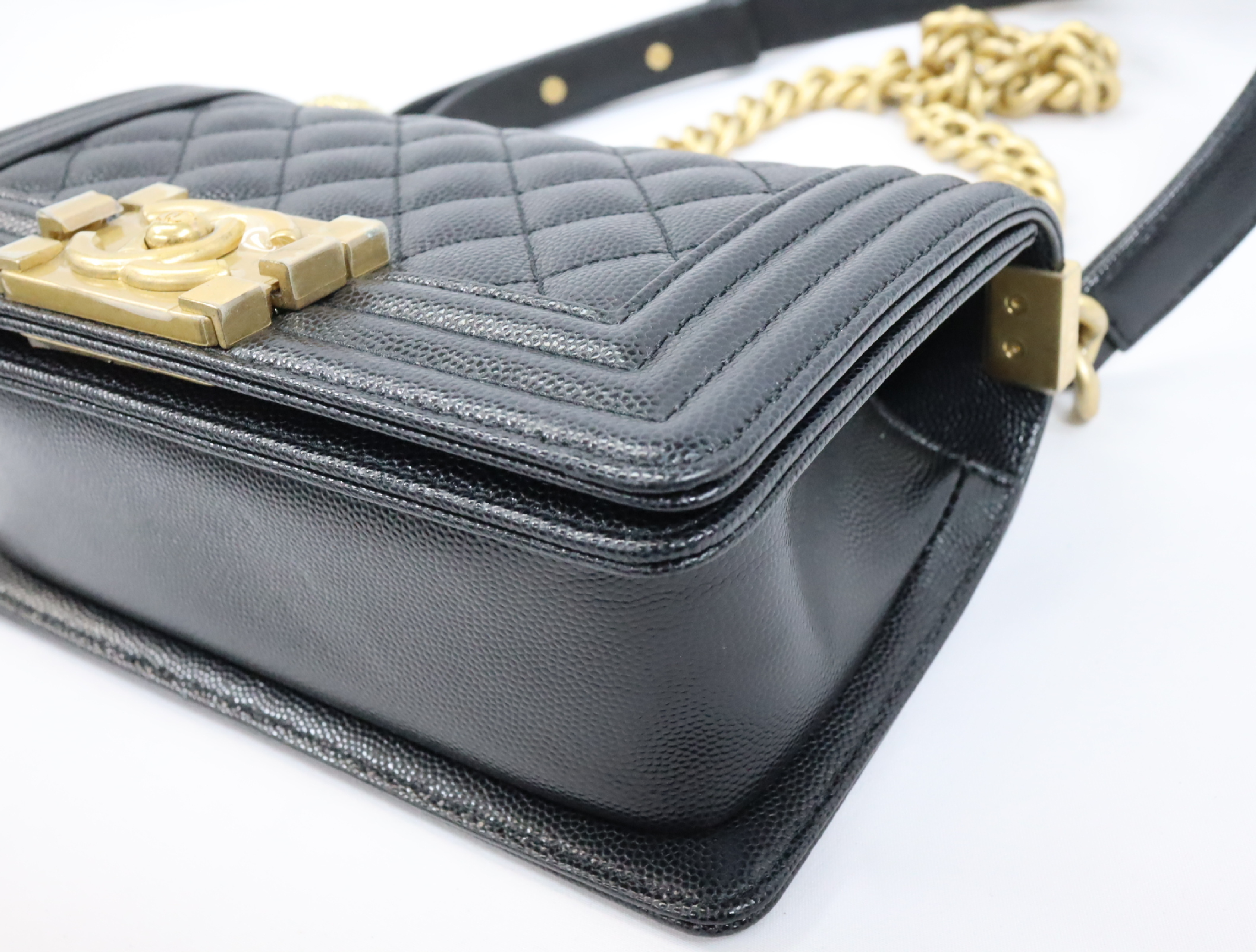 Boy Chanel 20 Small Caviar Skin Chain Shoulder Bag, Black with Gold Hardware and Random Plate Design (A67085) — view 6