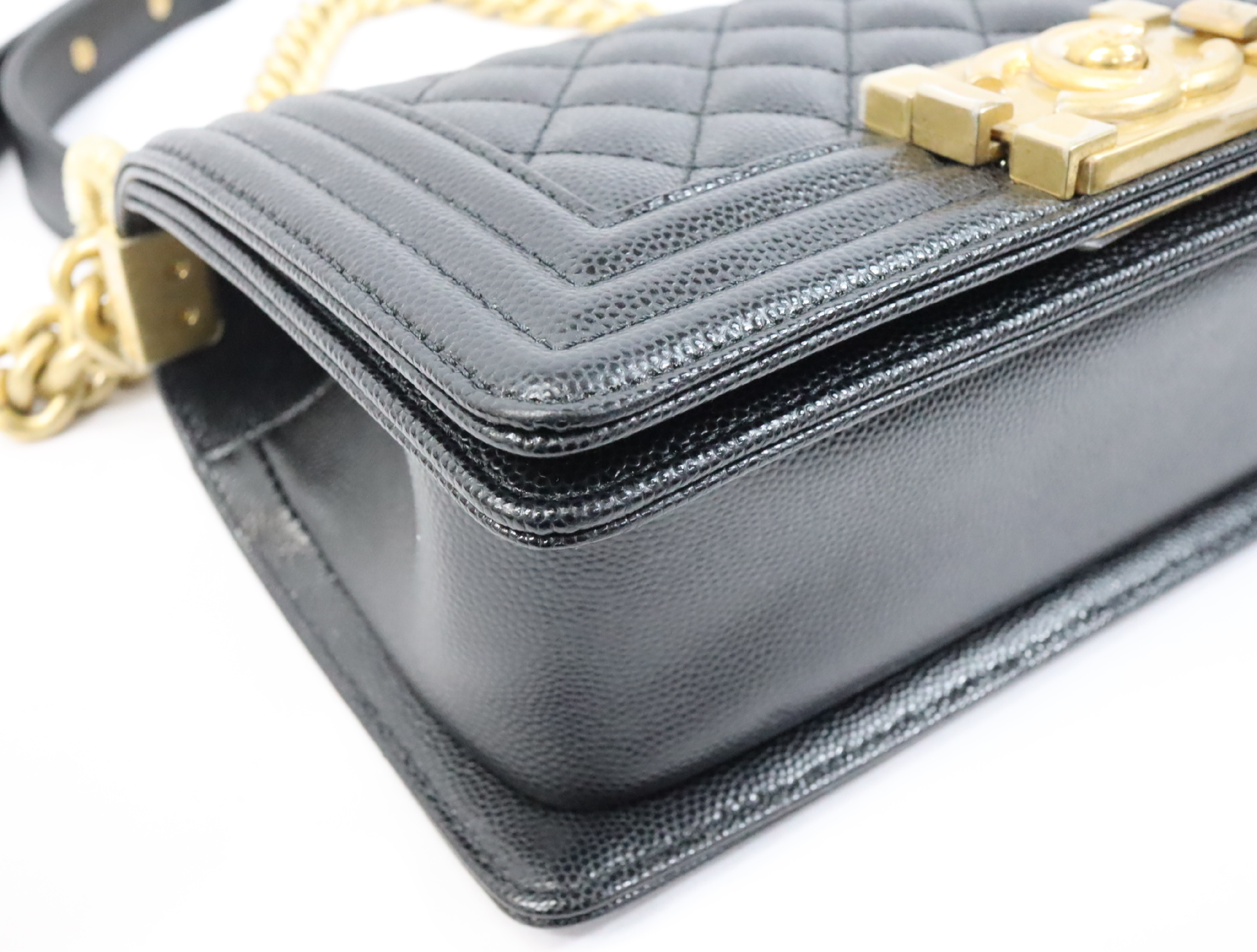 Boy Chanel 20 Small Caviar Skin Chain Shoulder Bag, Black with Gold Hardware and Random Plate Design (A67085) — view 7