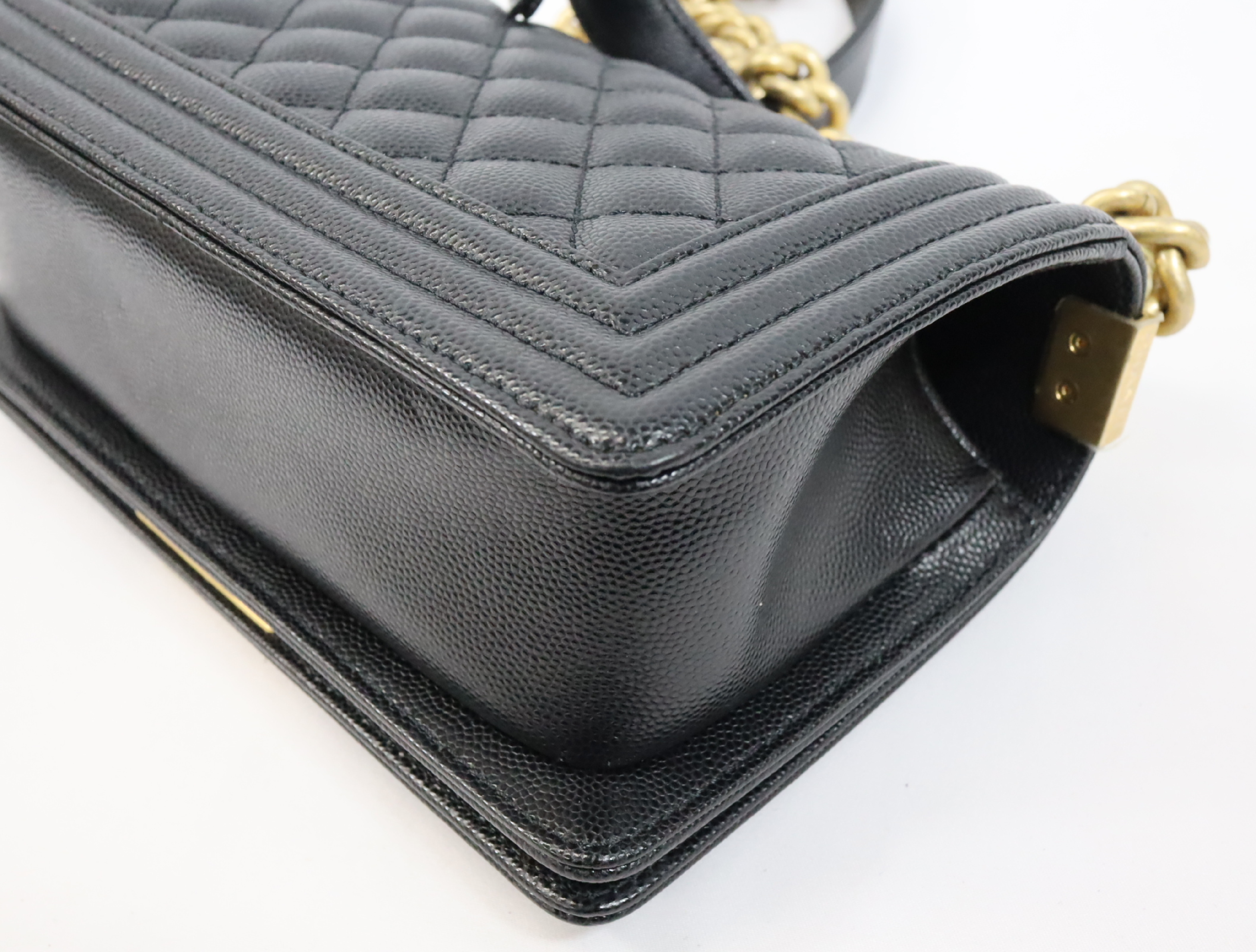 Boy Chanel 20 Small Caviar Skin Chain Shoulder Bag, Black with Gold Hardware and Random Plate Design (A67085) — view 8