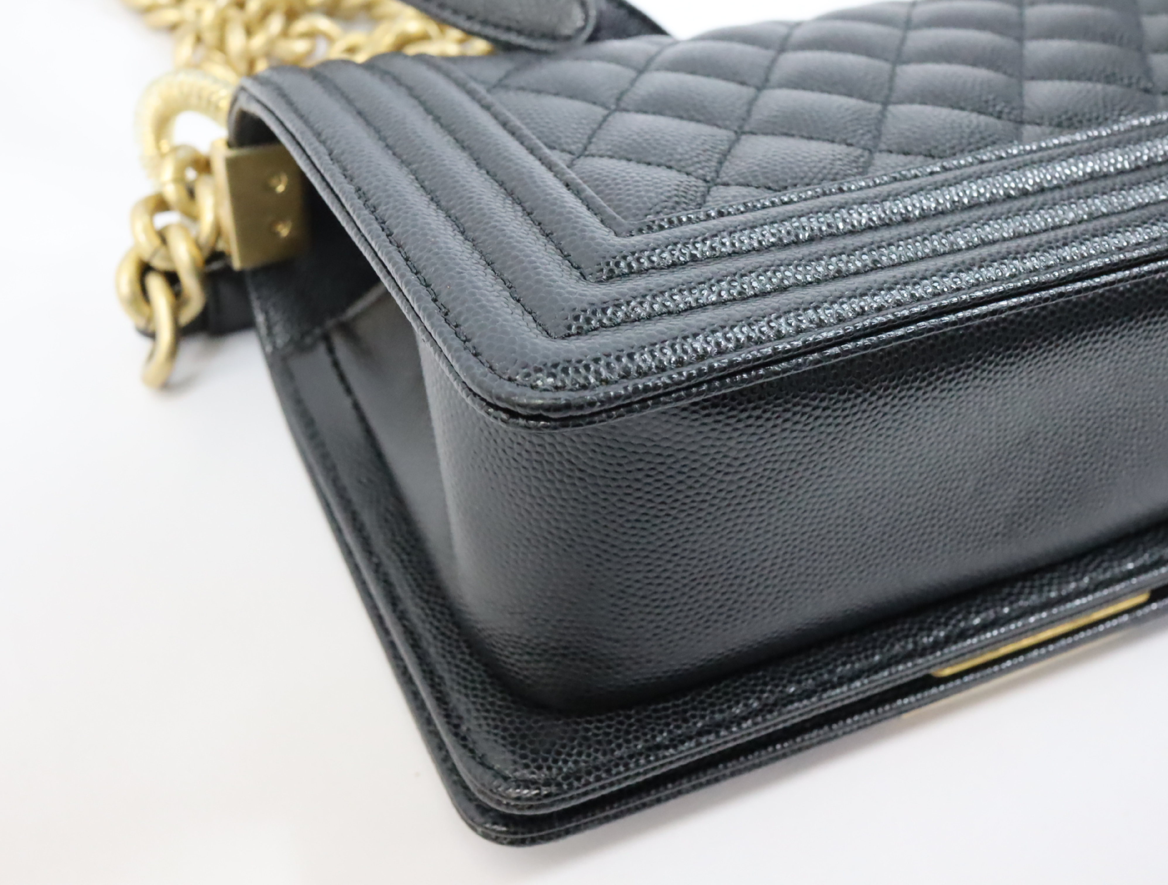 Boy Chanel 20 Small Caviar Skin Chain Shoulder Bag, Black with Gold Hardware and Random Plate Design (A67085) — view 9