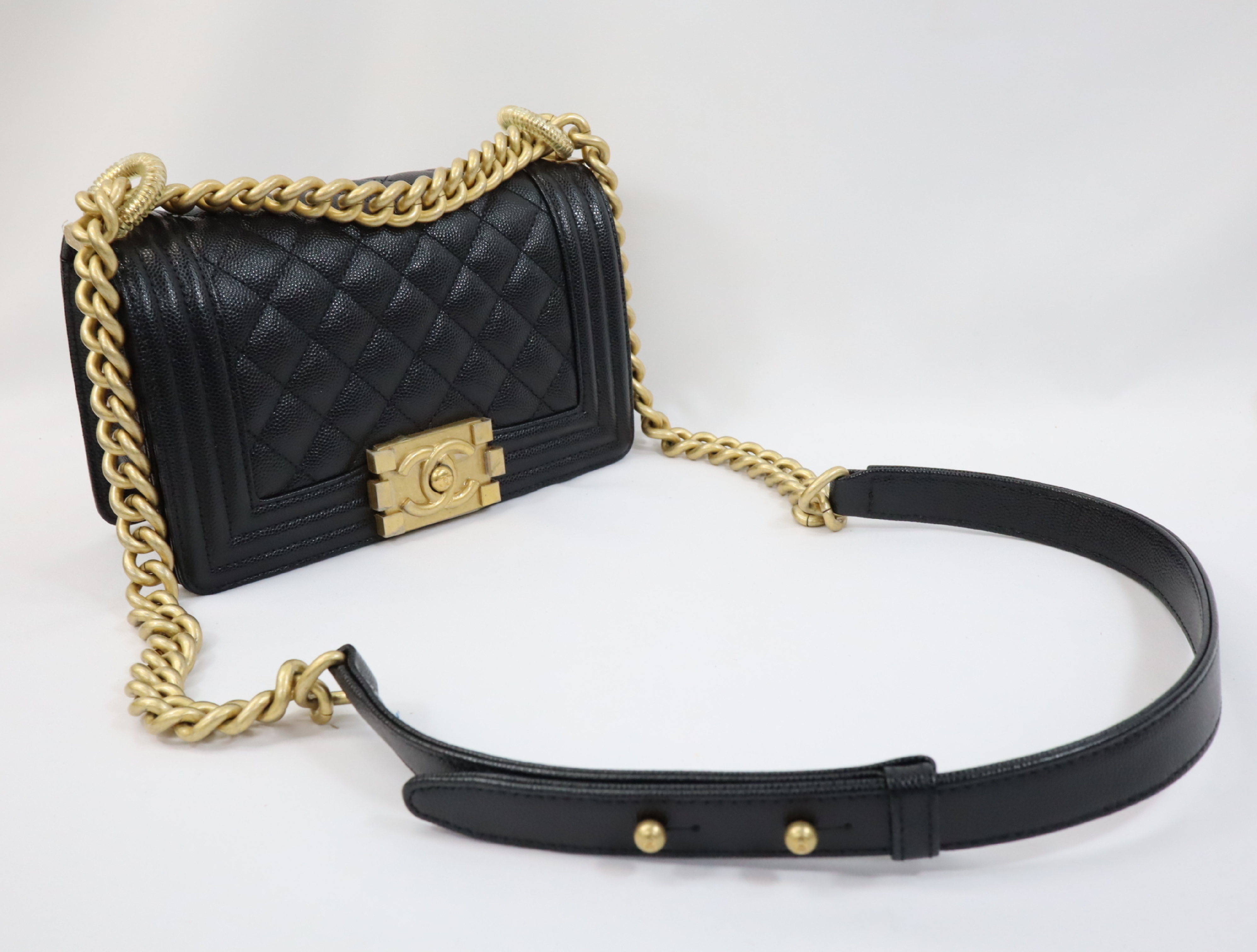 Boy Chanel 20 Small Caviar Skin Chain Shoulder Bag, Black with Gold Hardware and Random Plate Design (A67085) — view 10