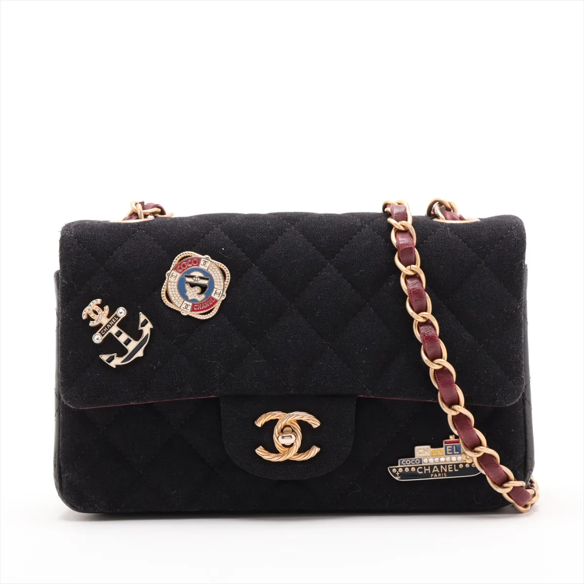 Matelassé Canvas x Leather Single Flap Single Chain Bag, Black with Gold Hardware, 26125848, Serial Number 26