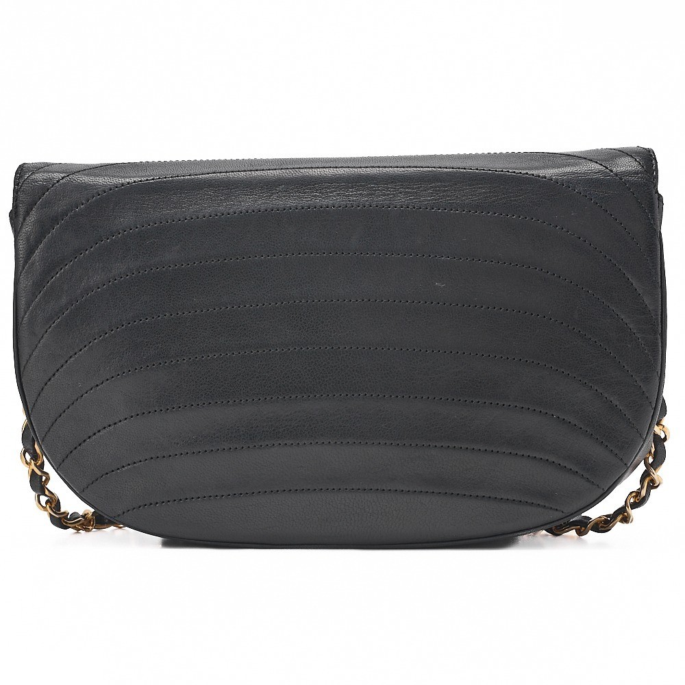 Lambskin Half-Moon Round Flap Chain Shoulder Bag, Black — view 2
