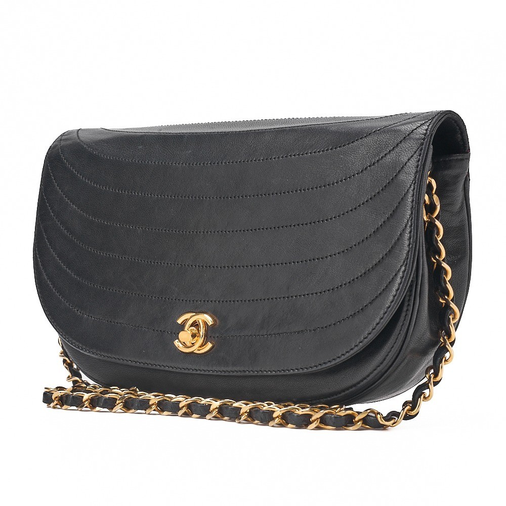 Lambskin Half-Moon Round Flap Chain Shoulder Bag, Black — view 3