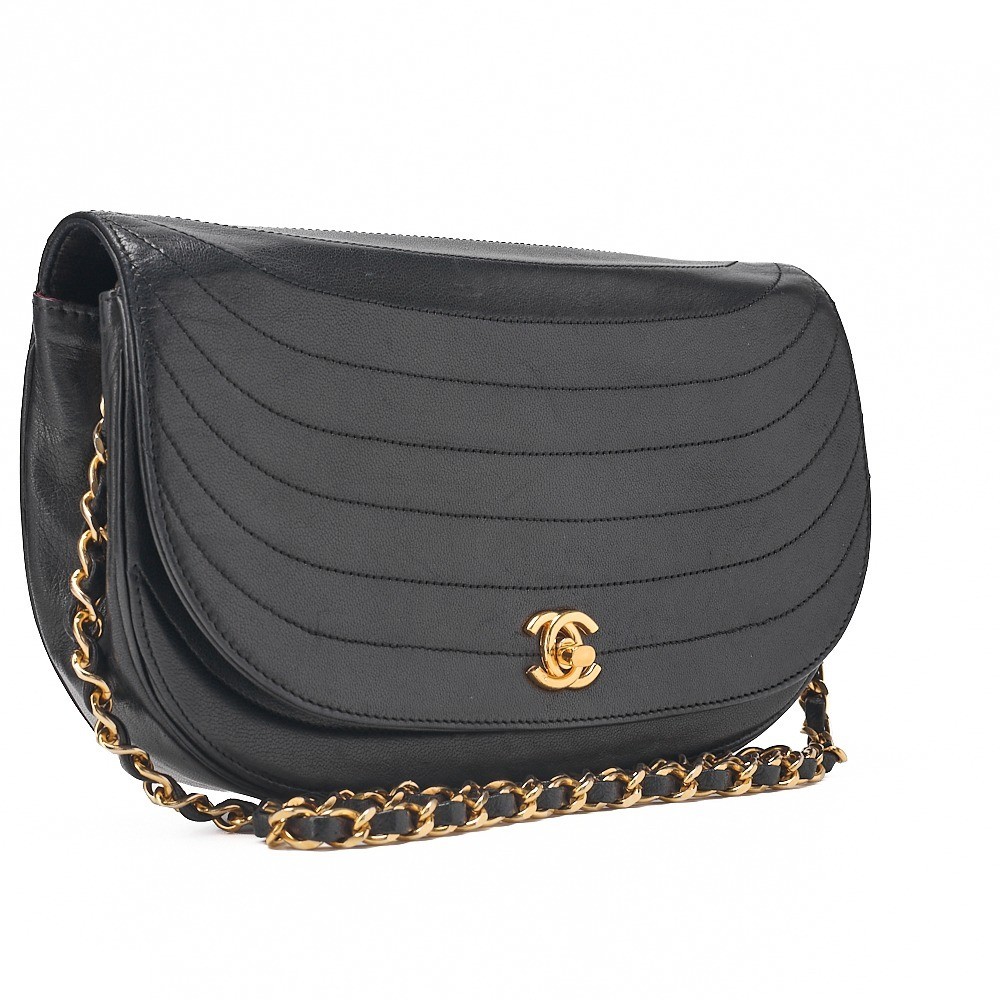 Lambskin Half-Moon Round Flap Chain Shoulder Bag, Black — view 4