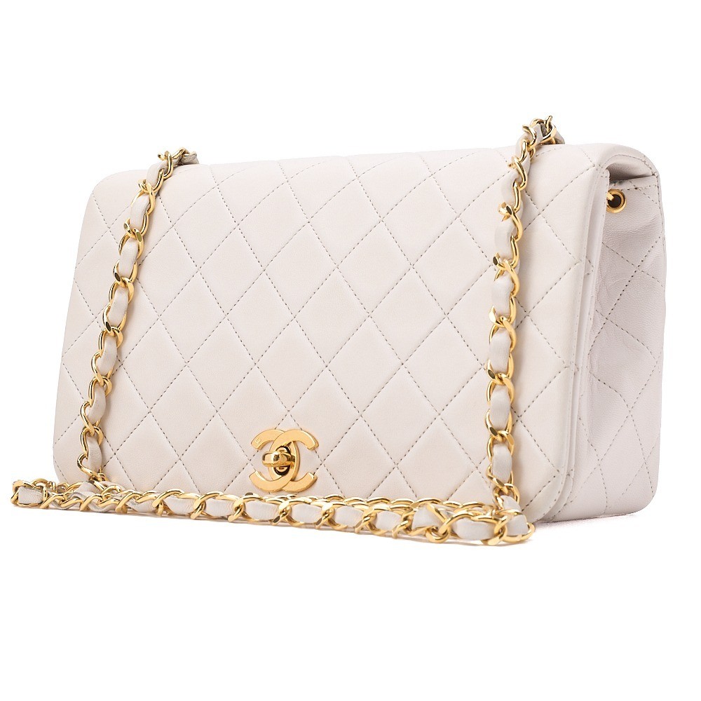 Lambskin Matelassé Full Flap Chain Shoulder Bag, White — view 3