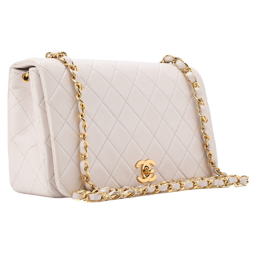 Lambskin Matelassé Full Flap Chain Shoulder Bag, White — view 4