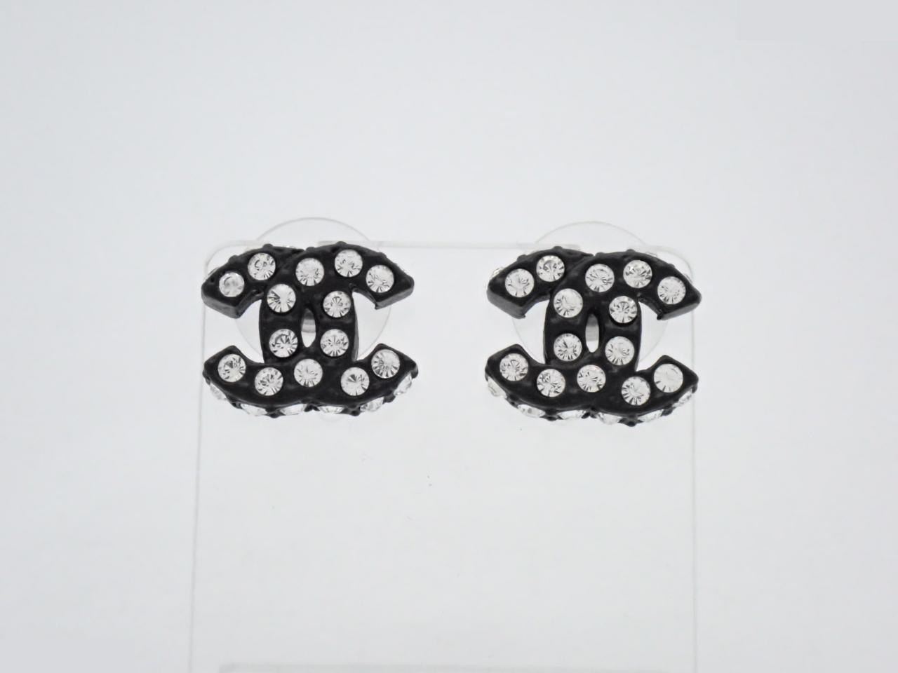 earrings, model 02A, Coco Mark design, rhinestones, black, 1.5cm wide.