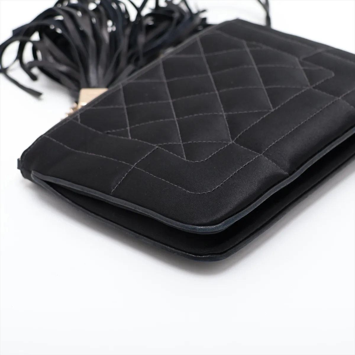 Coco Mark Satin x Leather Chain Shoulder Bag with Fringe, Black, Gold Hardware, 8448942 (Serial Number 8) — view 4