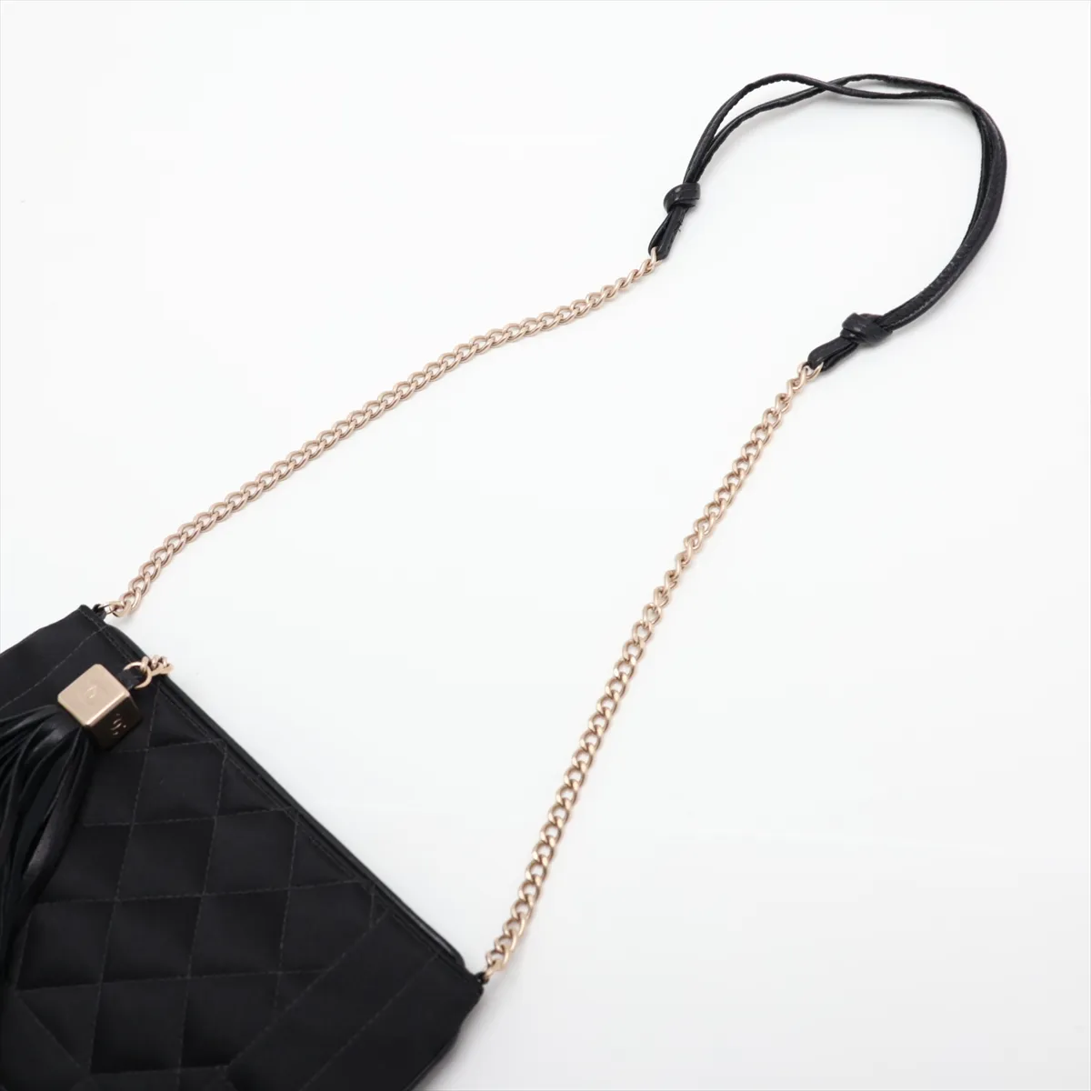 Coco Mark Satin x Leather Chain Shoulder Bag with Fringe, Black, Gold Hardware, 8448942 (Serial Number 8) — view 5