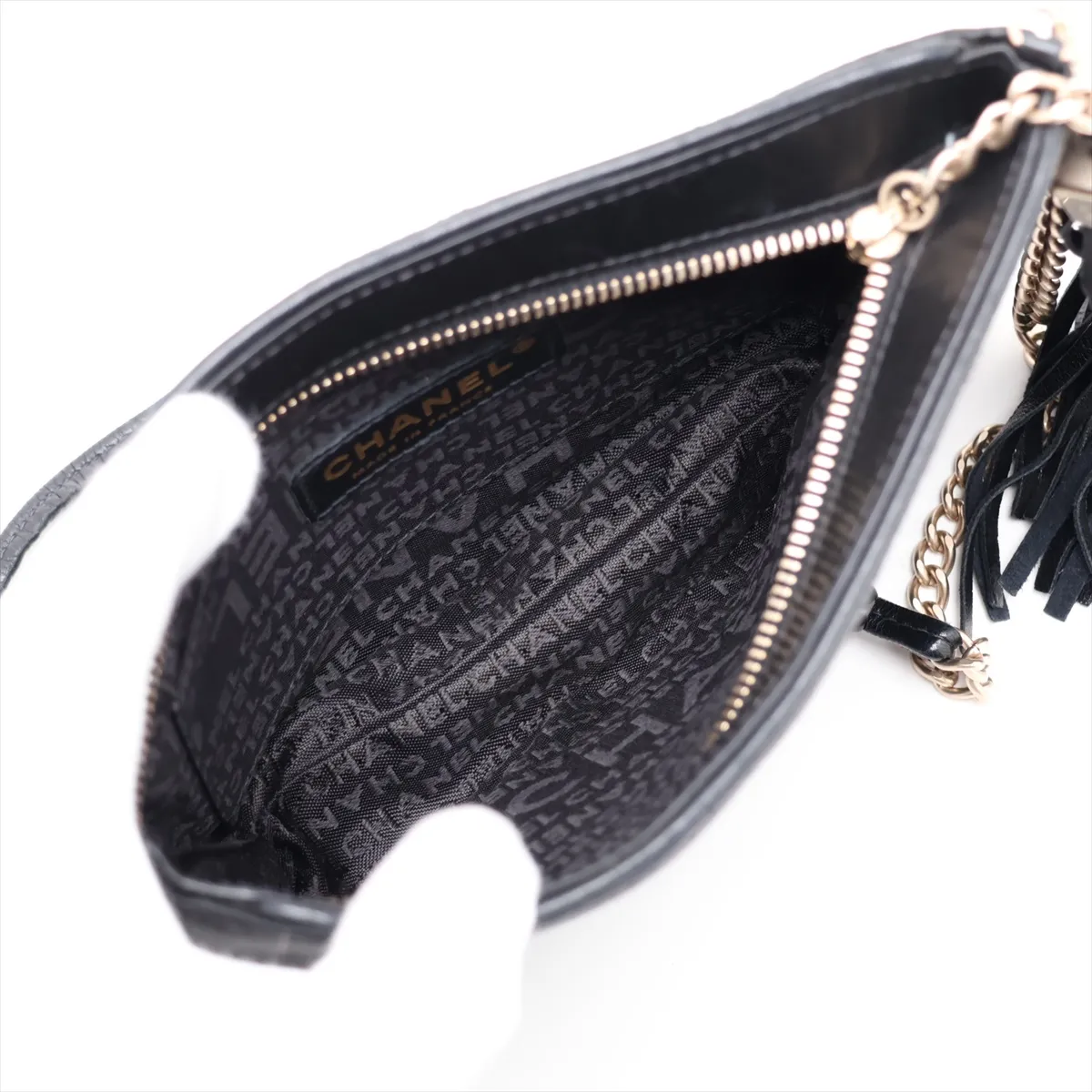 Coco Mark Satin x Leather Chain Shoulder Bag with Fringe, Black, Gold Hardware, 8448942 (Serial Number 8) — view 6