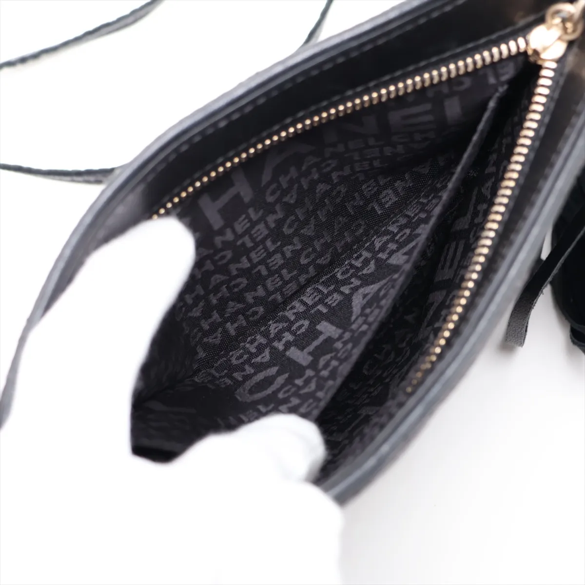 Coco Mark Satin x Leather Chain Shoulder Bag with Fringe, Black, Gold Hardware, 8448942 (Serial Number 8) — view 7