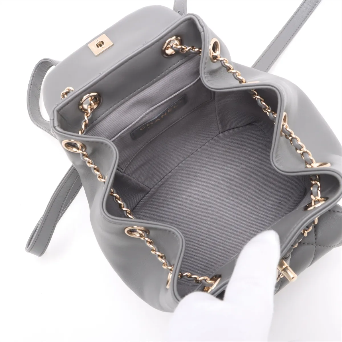 Matelasse Lambskin Chain Backpack Gray Gold Hardware N48U64C5 Random Plate — view 7