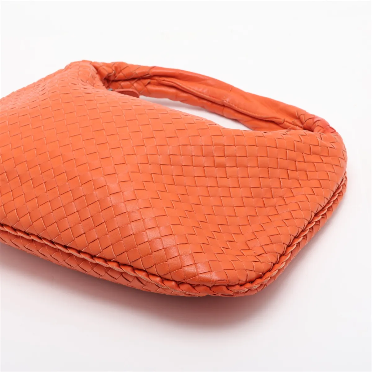 Intrecciato Hobo Leather Shoulder Bag, Orange, with Mirror — view 3