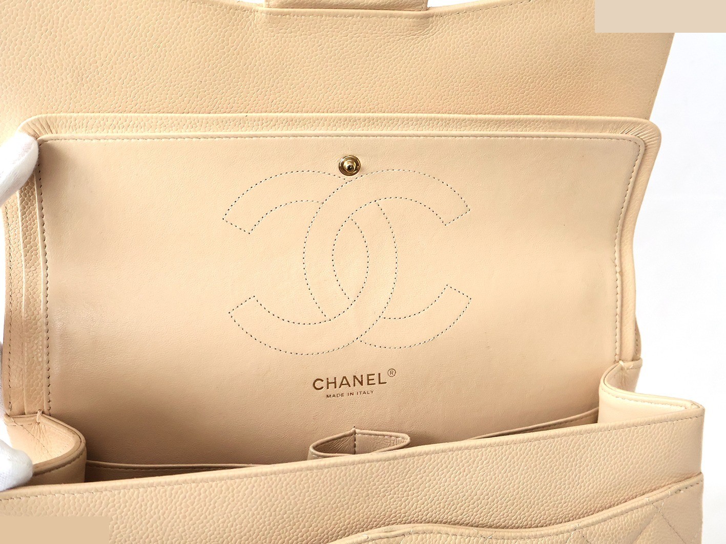 Caviar leather large matelassé bag, size 30, double flap, double chain, beige. — view 11
