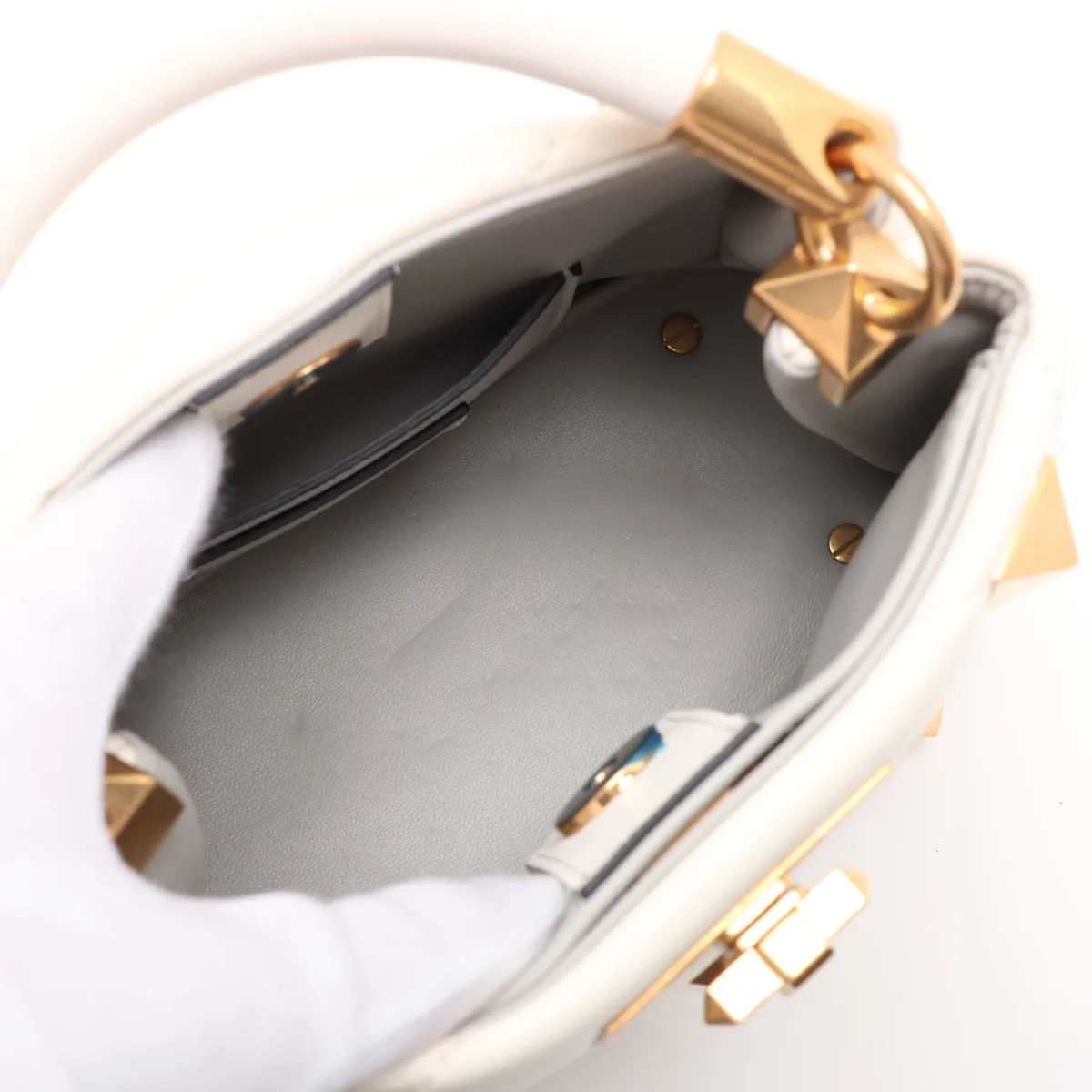 Roman Studded Leather 2-Way Handbag, White — view 9