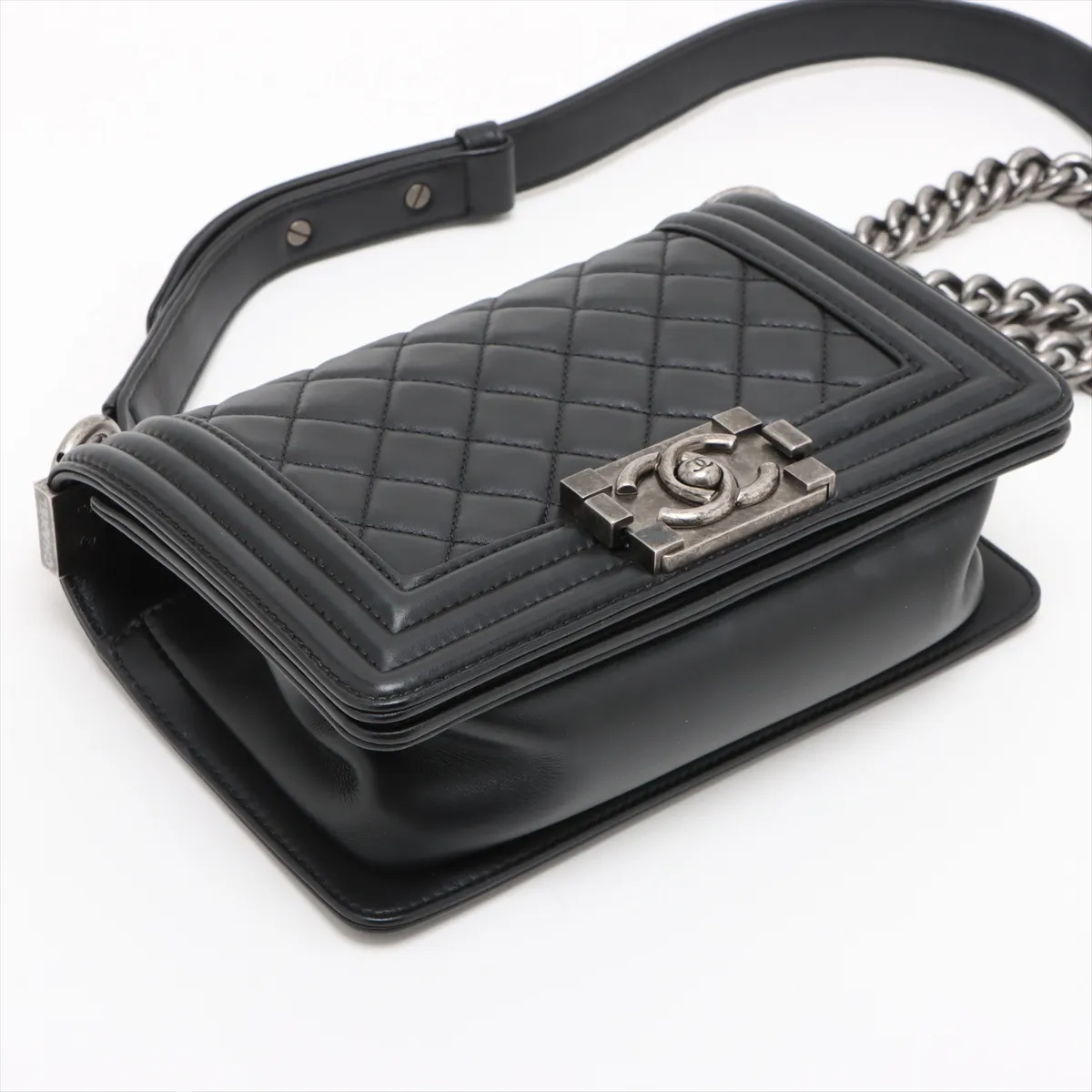 Boy Chanel 20 Small Lambskin Chain Shoulder Bag Black Gunmetal Hardware T43A8A2G Random Plate A67085 — view 4