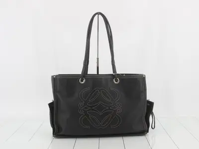 Shopper tote bag, Anagram design, leather, navy, W41 H26 D15