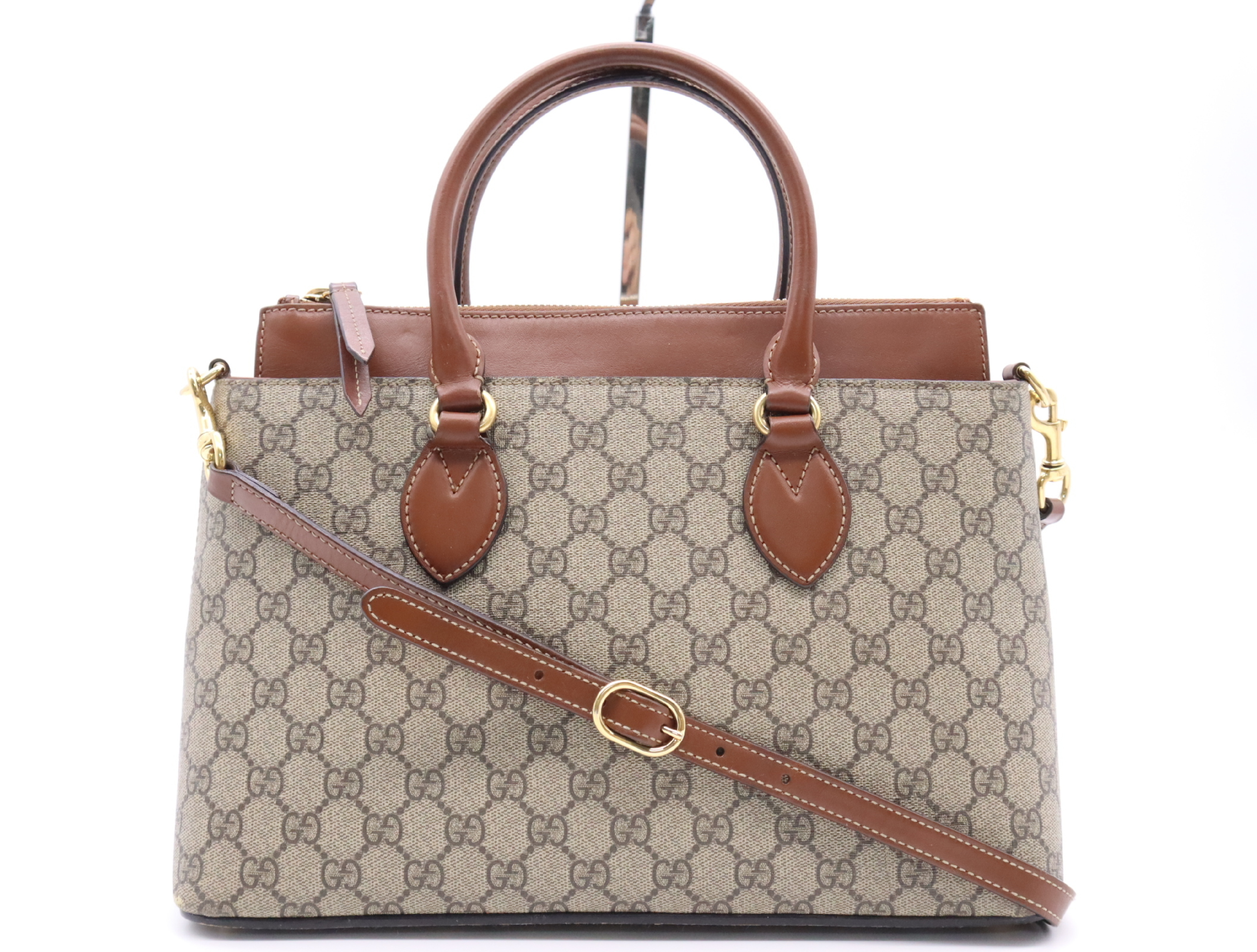 409534 Canvas x Leather GG Supreme Small Handbag Brown Gold Hardware with Shoulder Strap
