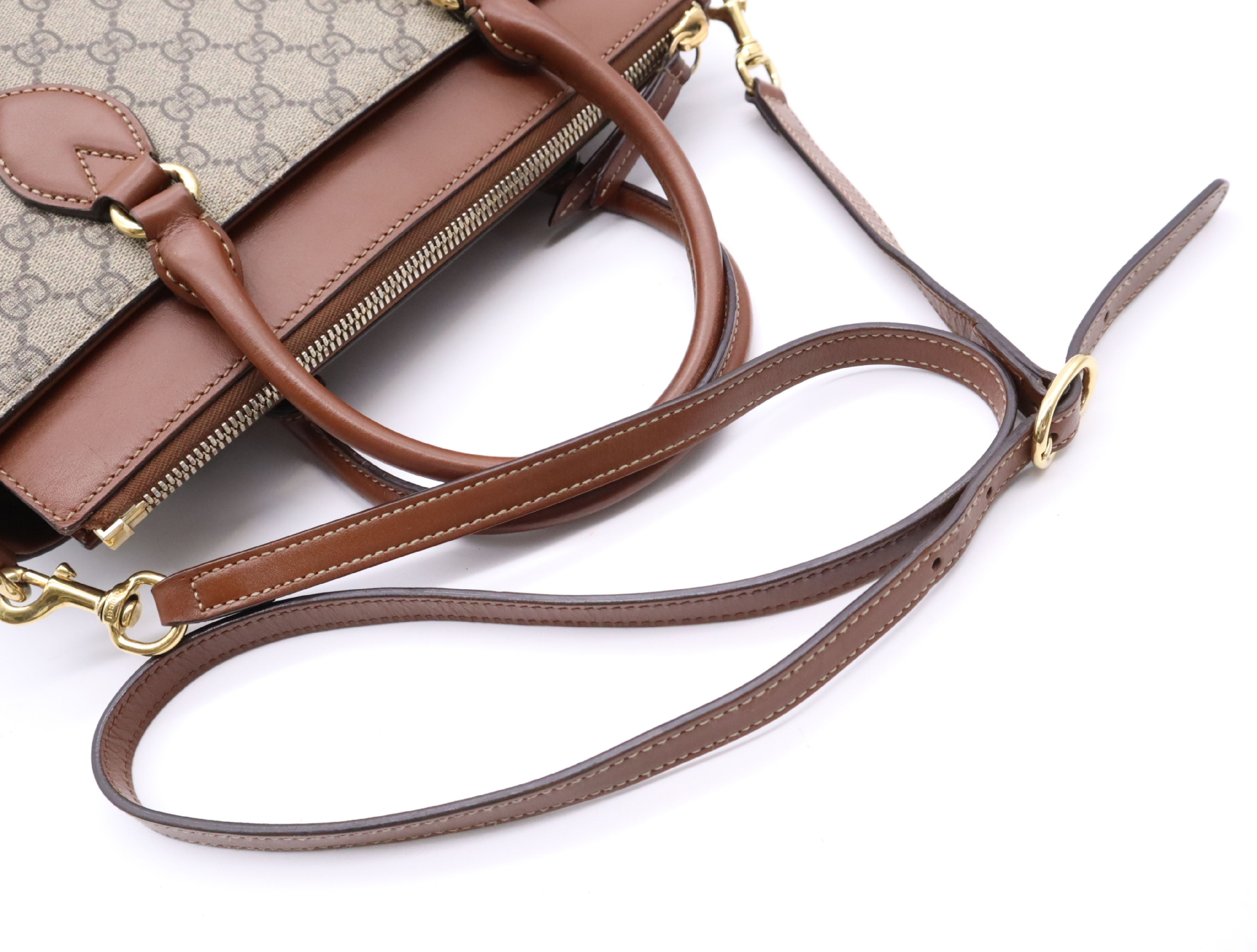 409534 Canvas x Leather GG Supreme Small Handbag Brown Gold Hardware with Shoulder Strap — view 12