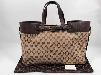 GG Canvas Tote Bag, Canvas Belt Leather GG Tote Bag