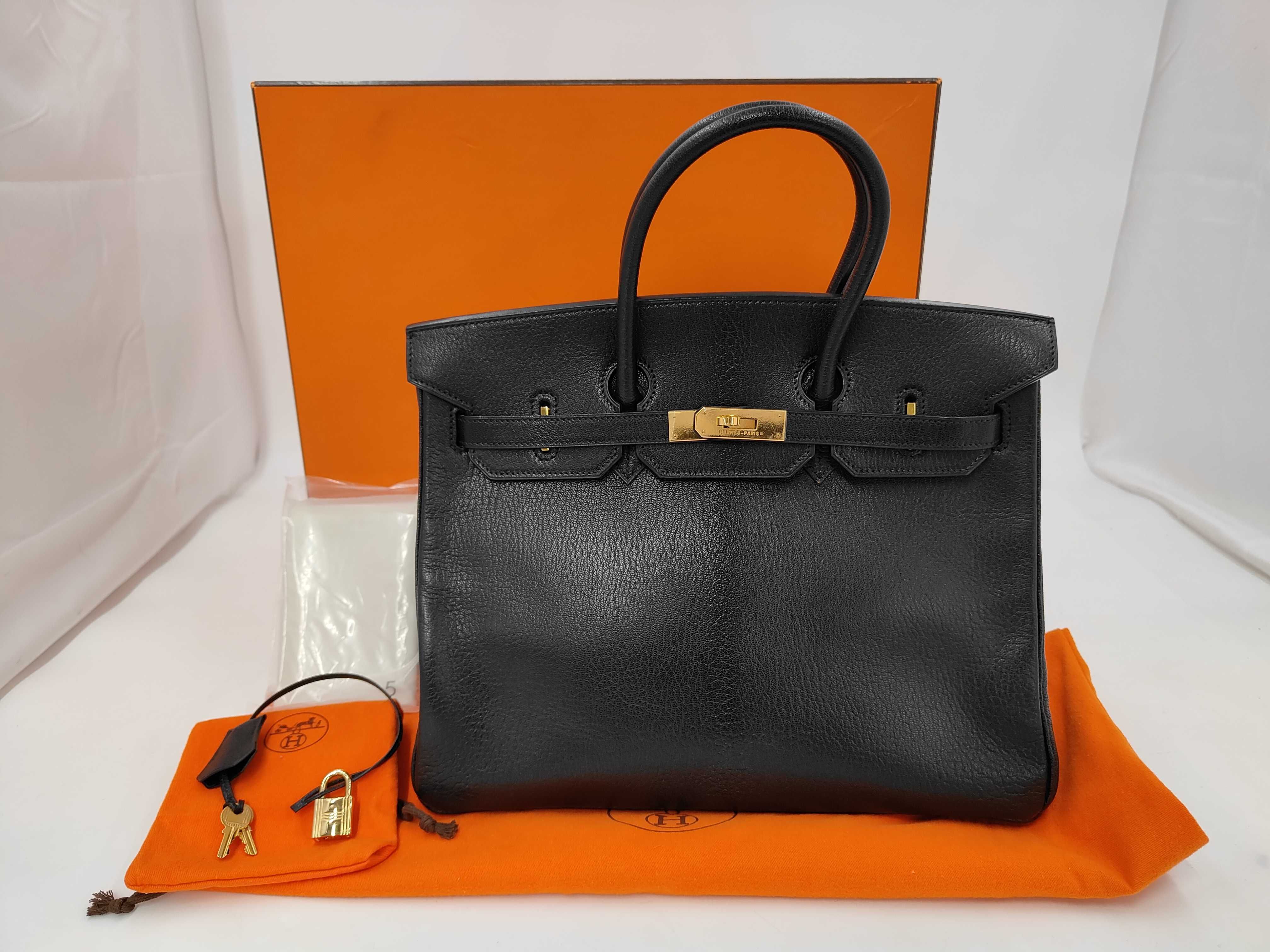 Birkin 35 Chevre Leather, Black, Gold Hardware, F Handbag