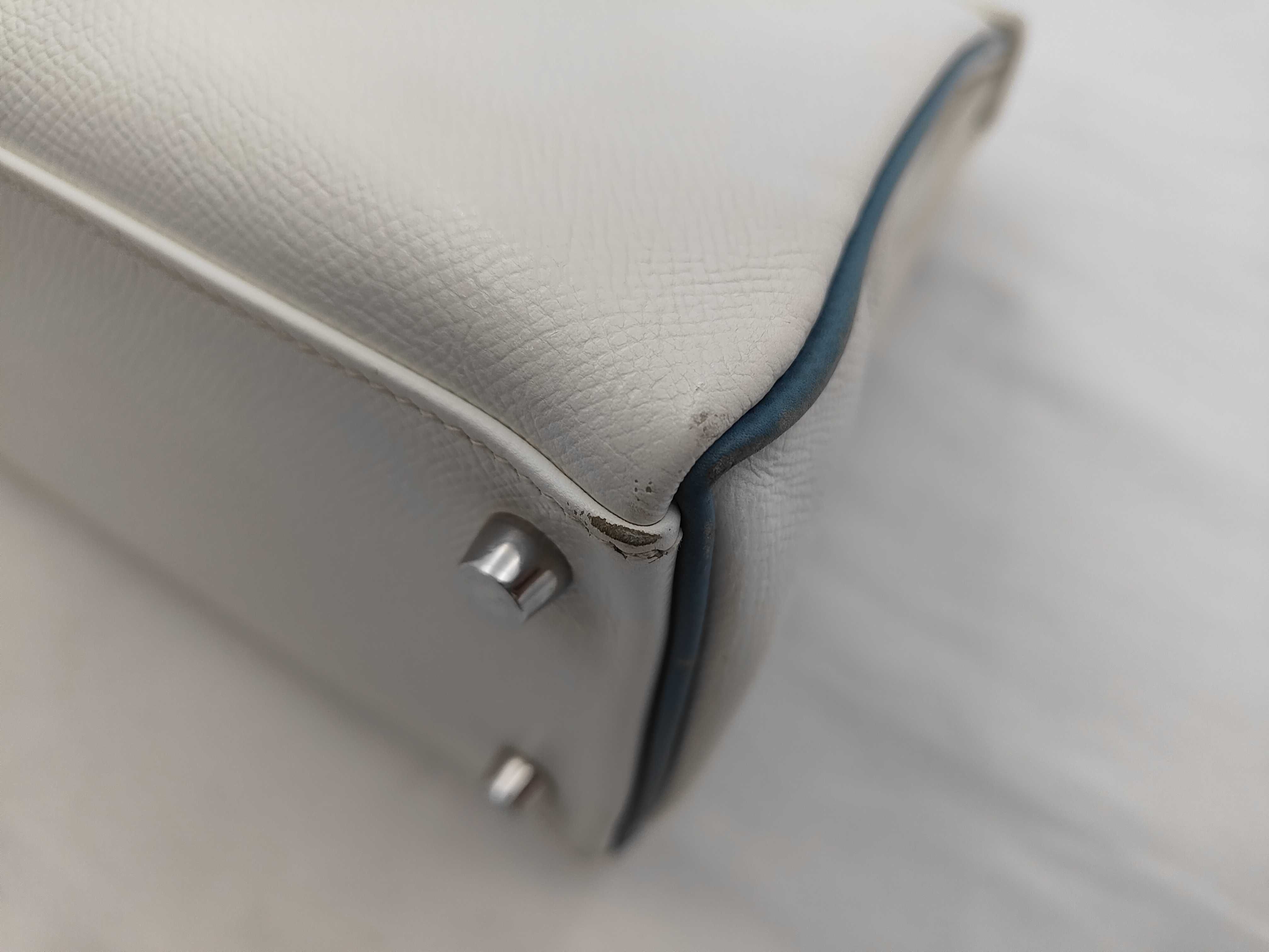 Kelly 28 Epsom Leather, White x Turquoise, J Stamp, Handbag — view 6