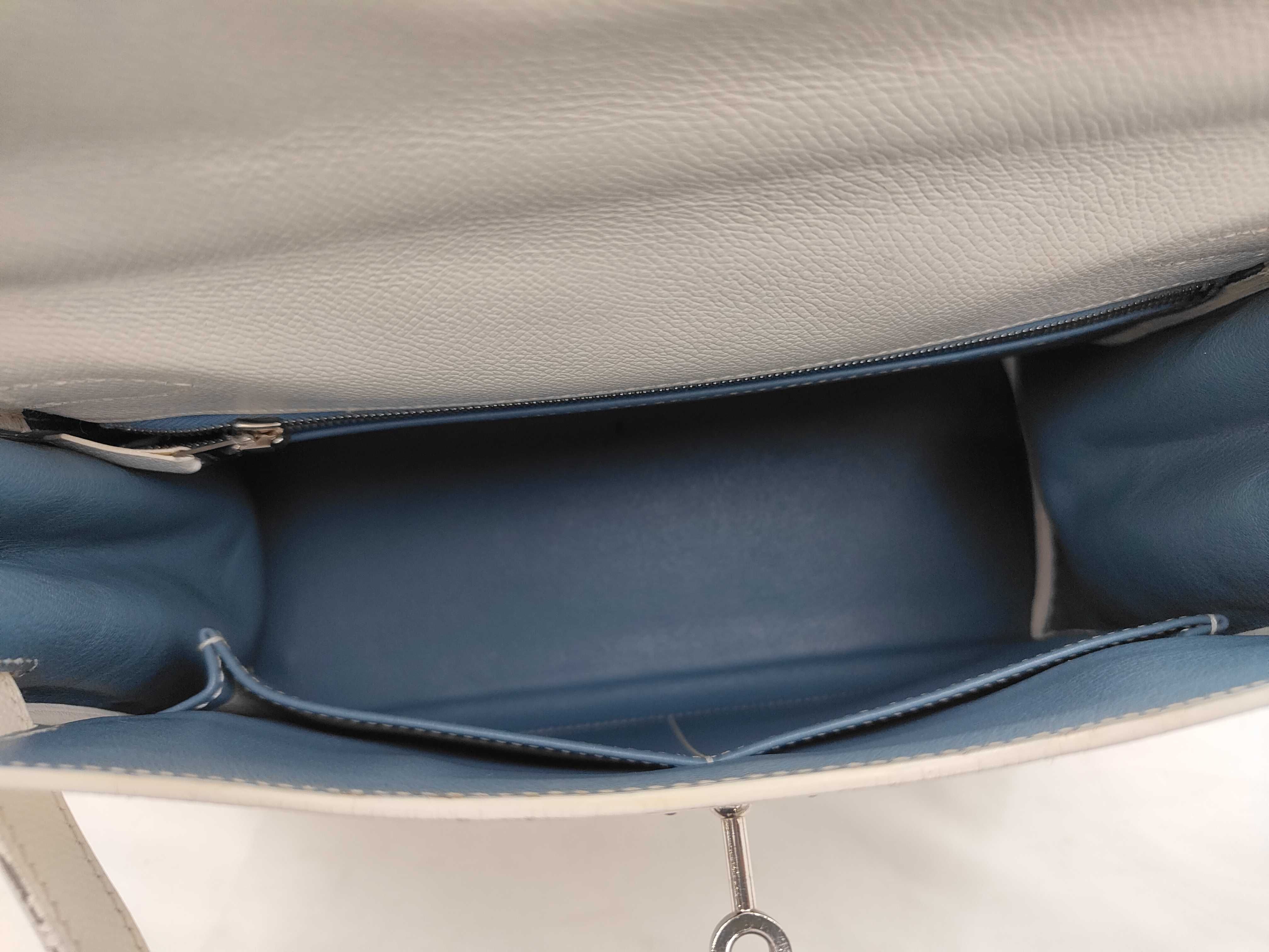 Kelly 28 Epsom Leather, White x Turquoise, J Stamp, Handbag — view 8