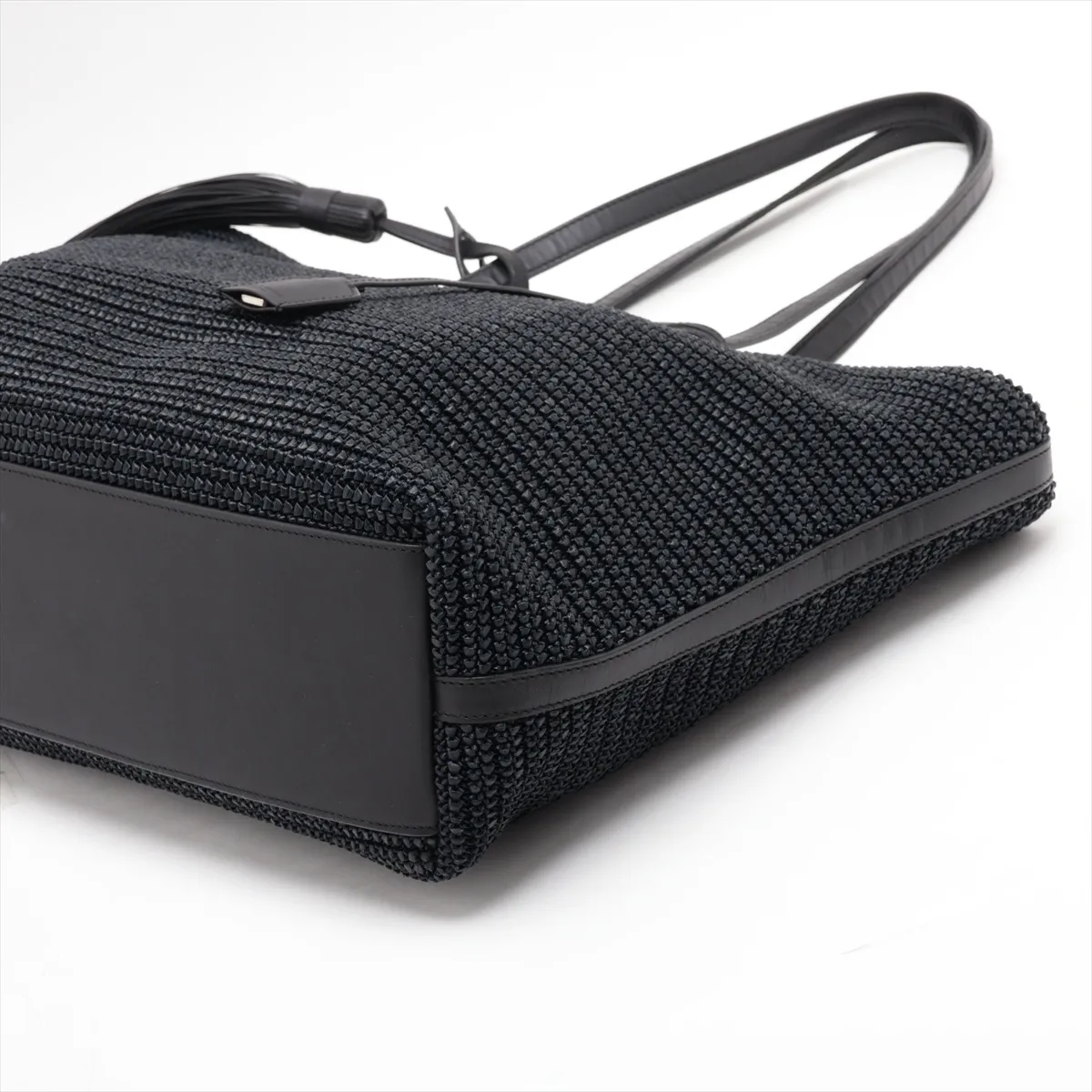 490793 Raffia x Leather Tote Bag, Black — view 3