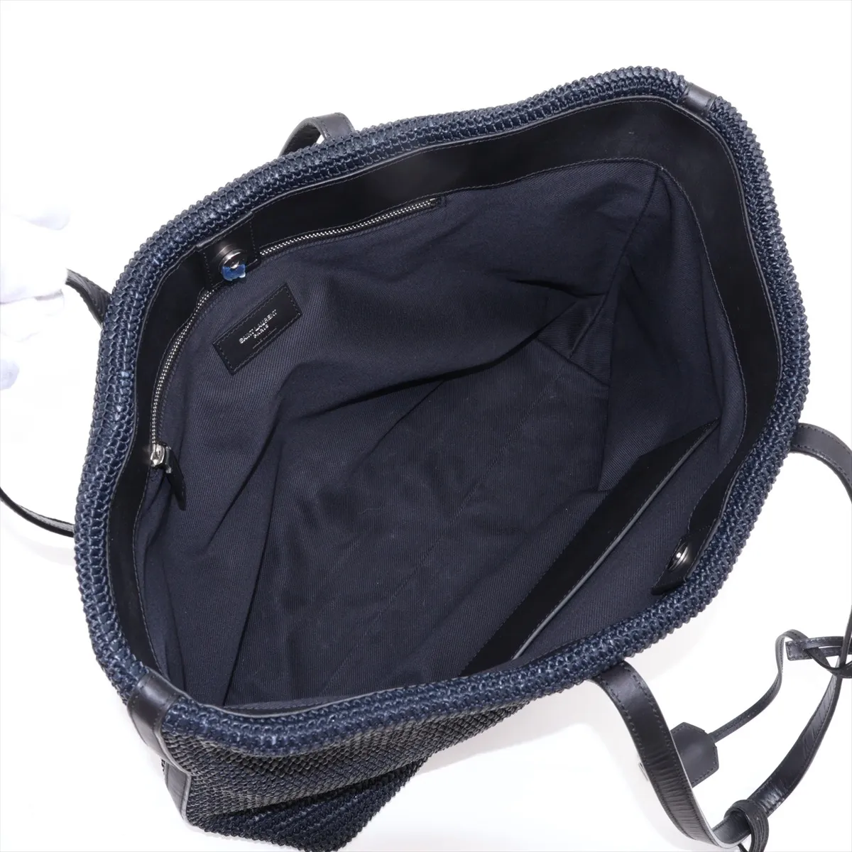490793 Raffia x Leather Tote Bag, Black — view 7