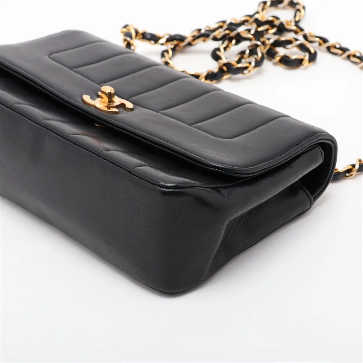 Mademoiselle Lambskin Single Flap Single Chain Bag, Black with Gold Hardware — view 3