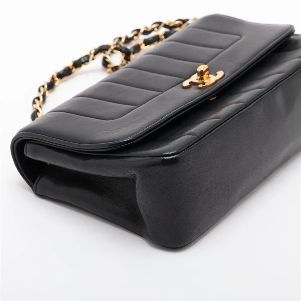 Mademoiselle Lambskin Single Flap Single Chain Bag, Black with Gold Hardware — view 4