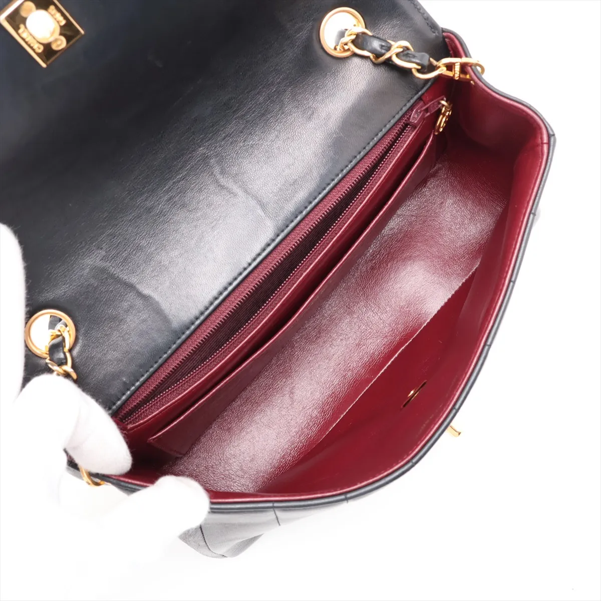 Mademoiselle Lambskin Single Flap Single Chain Bag, Black with Gold Hardware — view 6