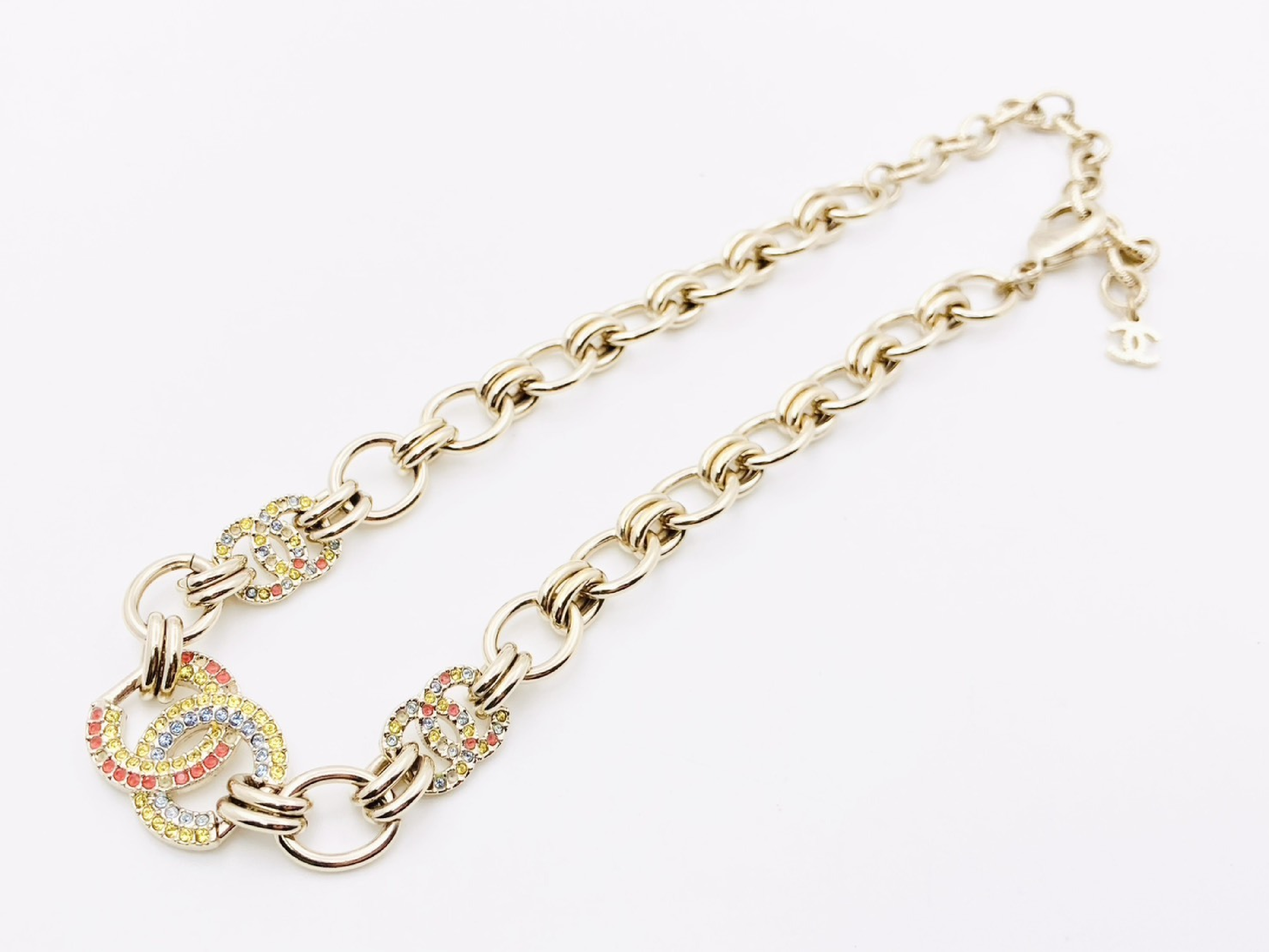 Triple Coco Mark Rhinestone Chain Choker Necklace A23C Gold Multicolor Rainbow Necklace — view 2