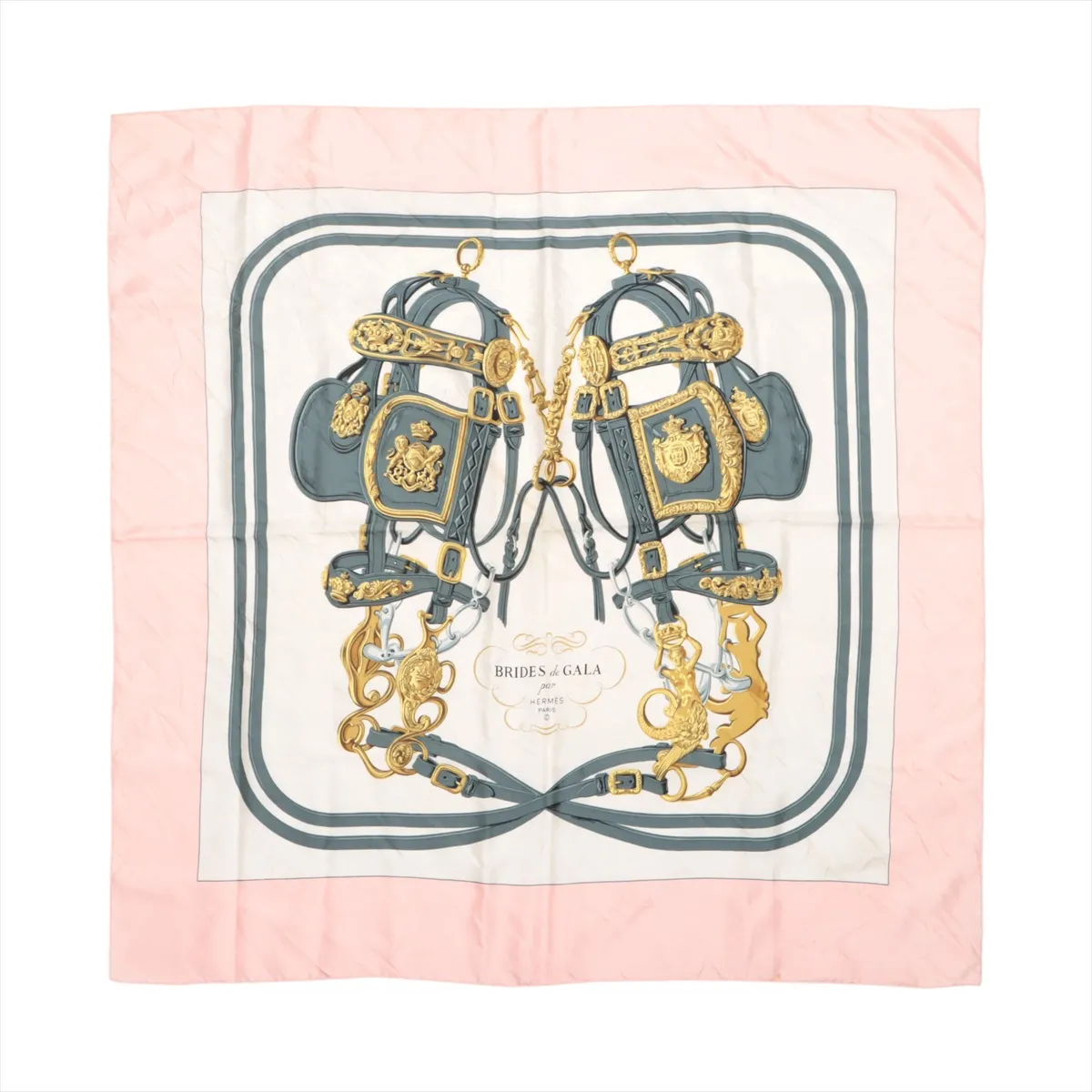 Carre 90 BRIDES de GALA Ceremonial Bridle Scarf, Silk, Pink. Shows wear,