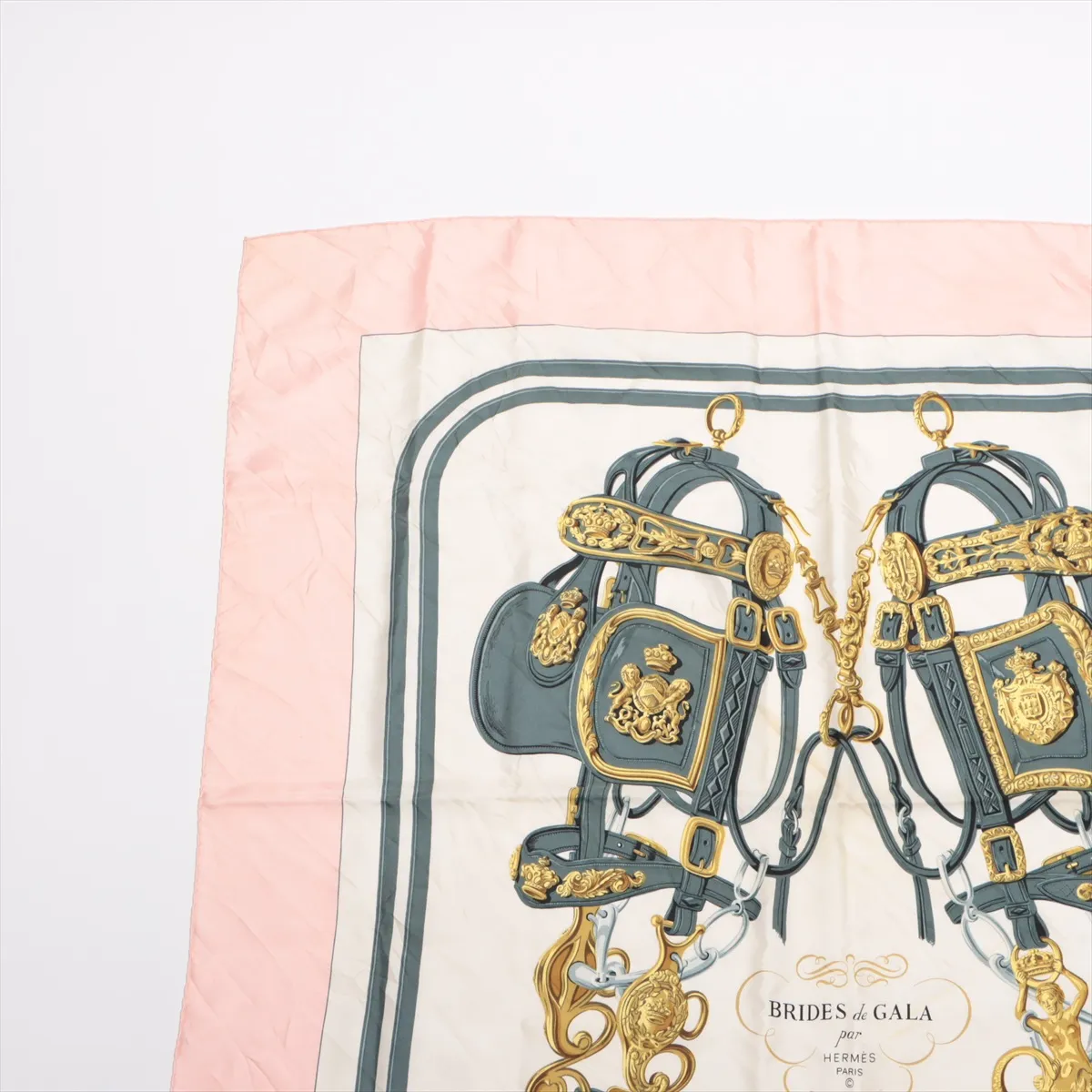 Carre 90 BRIDES de GALA Ceremonial Bridle Scarf, Silk, Pink. Shows wear, — view 2